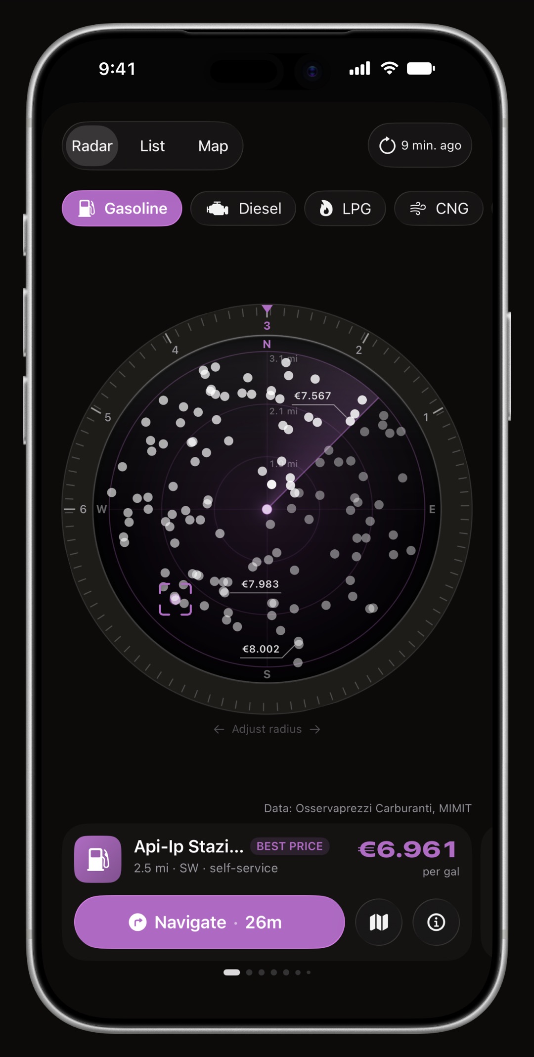 WrenchTime Price Radar on iPhone, its ring, its heading cone and the station card all drawn in the accent color: Violet