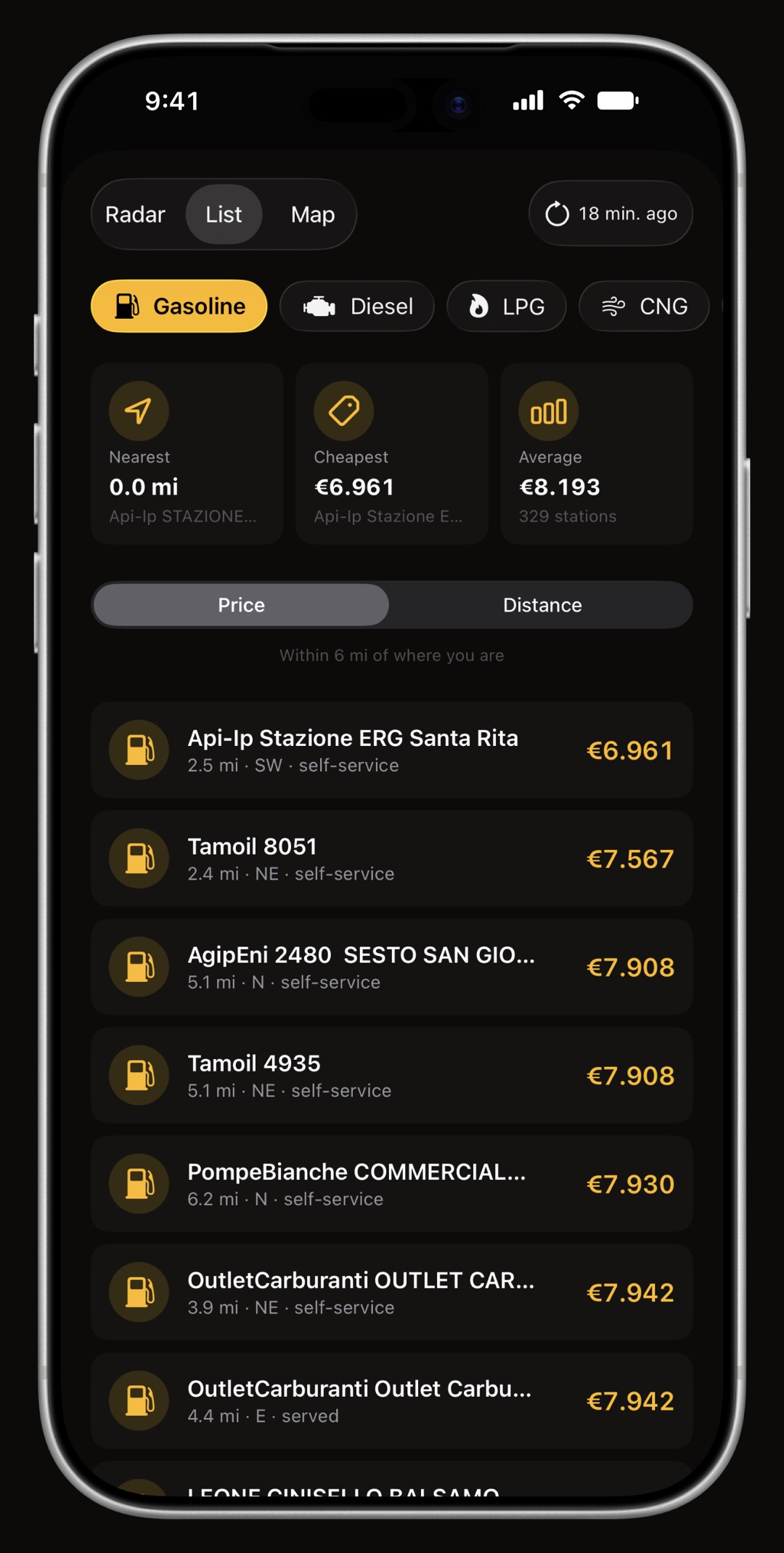 WrenchTime Price Radar list on iPhone with each station's price, brand and distance