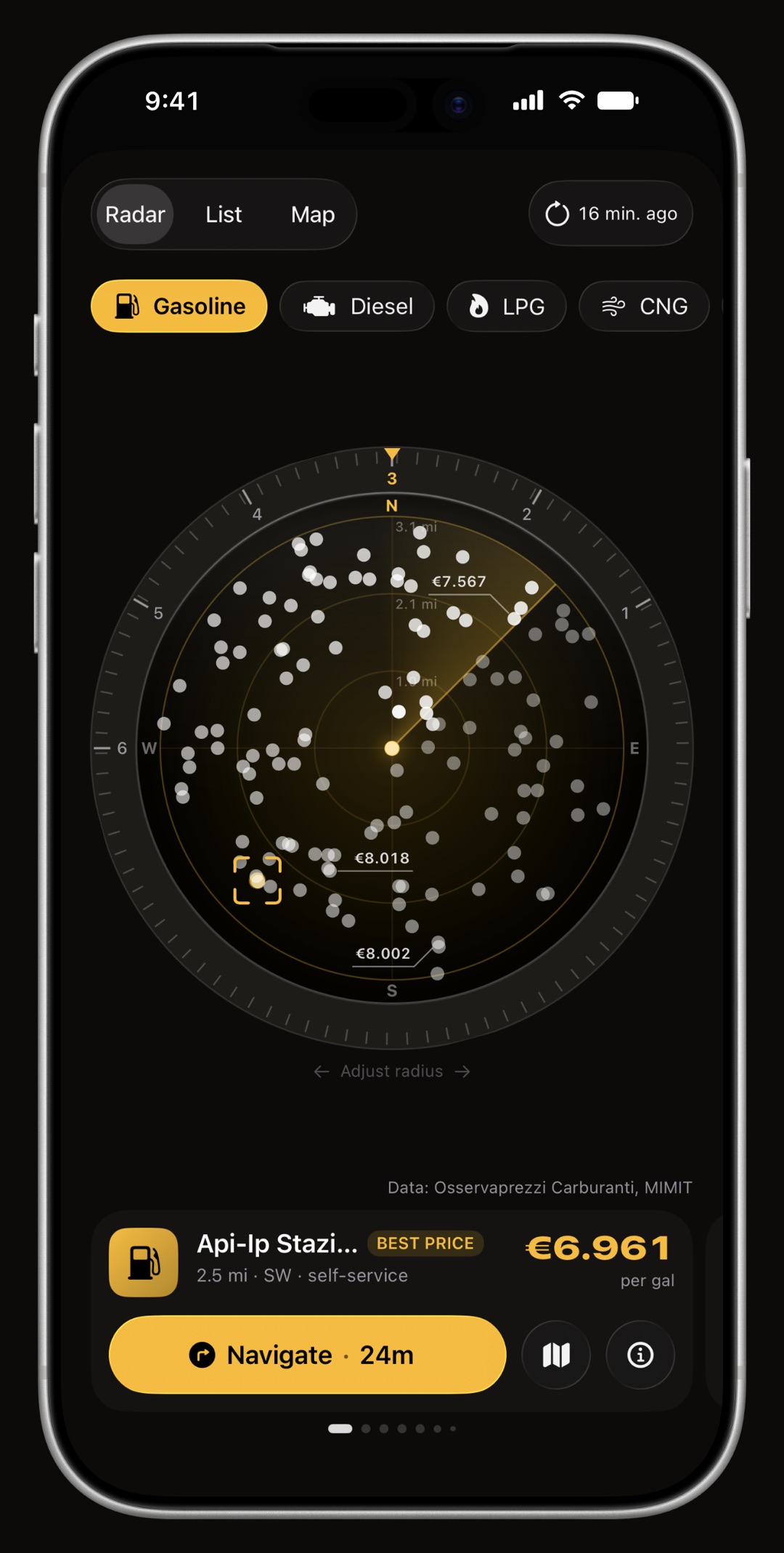 The WrenchTime Price Radar on iPhone, plotting the fuel stations around you by direction and distance with the cheapest one highlighted