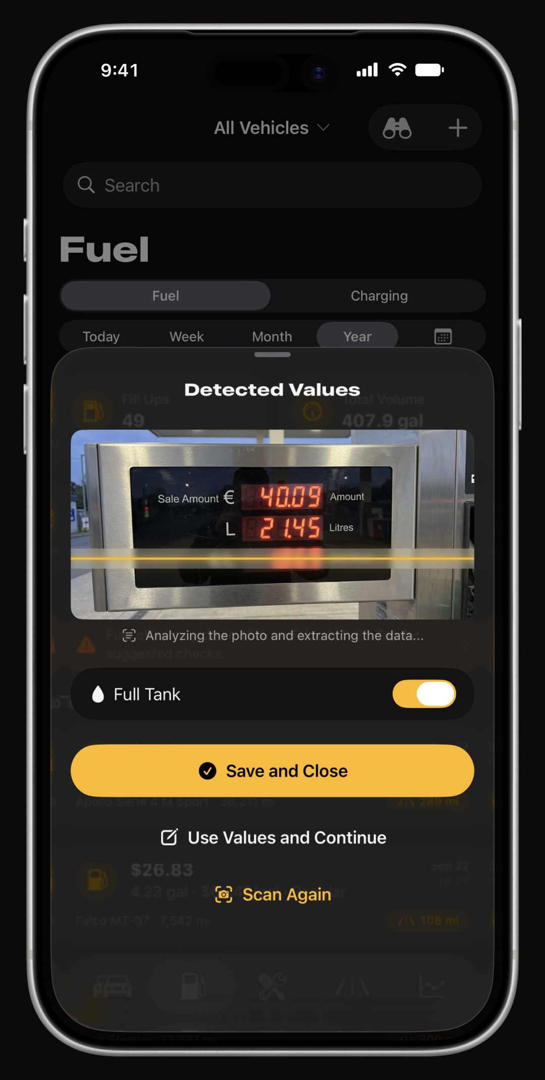 WrenchTime scanning a fuel pump display with on-device OCR on iPhone