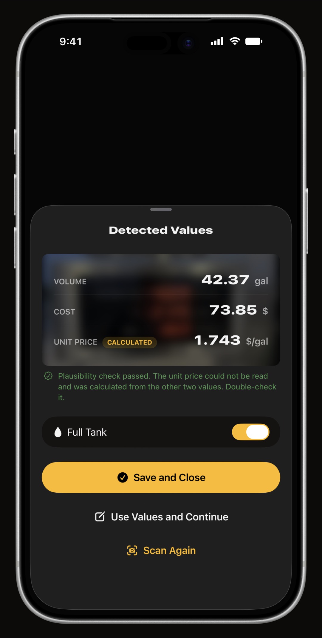 WrenchTime on iPhone after scanning a fuel pump display, showing the detected volume in gallons, the cost in dollars and a unit price calculated from the two, with a plausibility check and a Full Tank switch