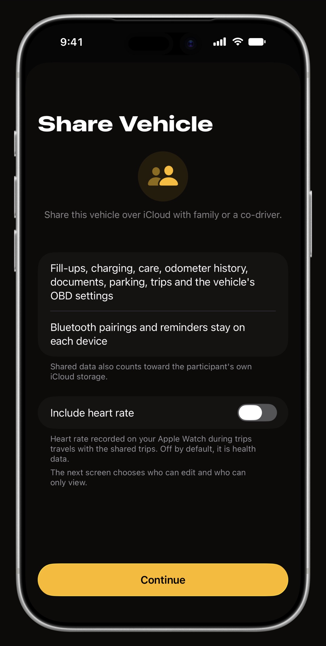 WrenchTime Share Vehicle screen on iPhone listing what travels, what stays on each device and an Include heart rate switch