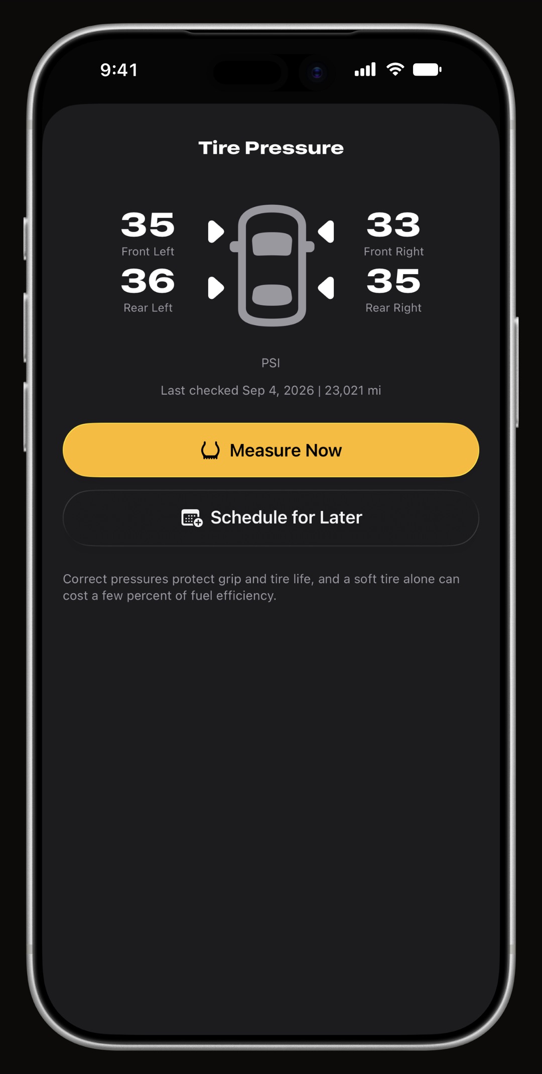 WrenchTime tire pressure recorded on a diagram of the vehicle rather than in a list