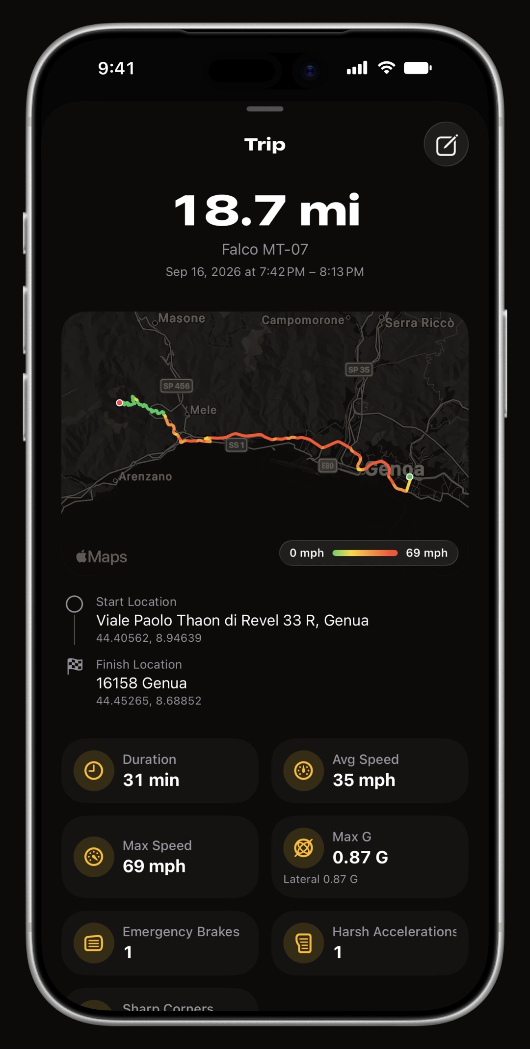 WrenchTime trip detail on iPhone with route map, addresses, metrics and per-trip fuel consumption