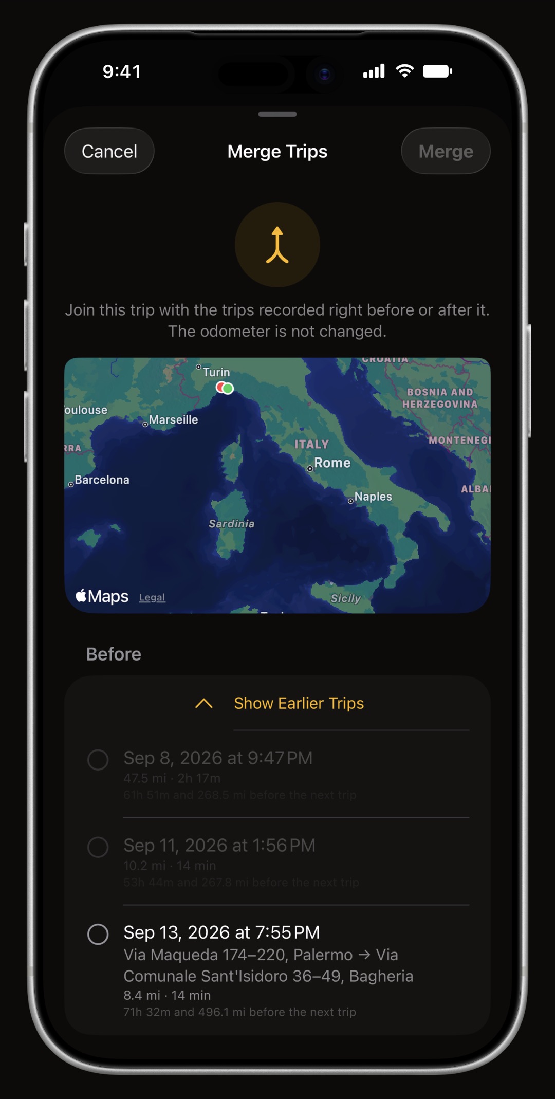 WrenchTime track section on iPhone joining two adjacent trips into one drive