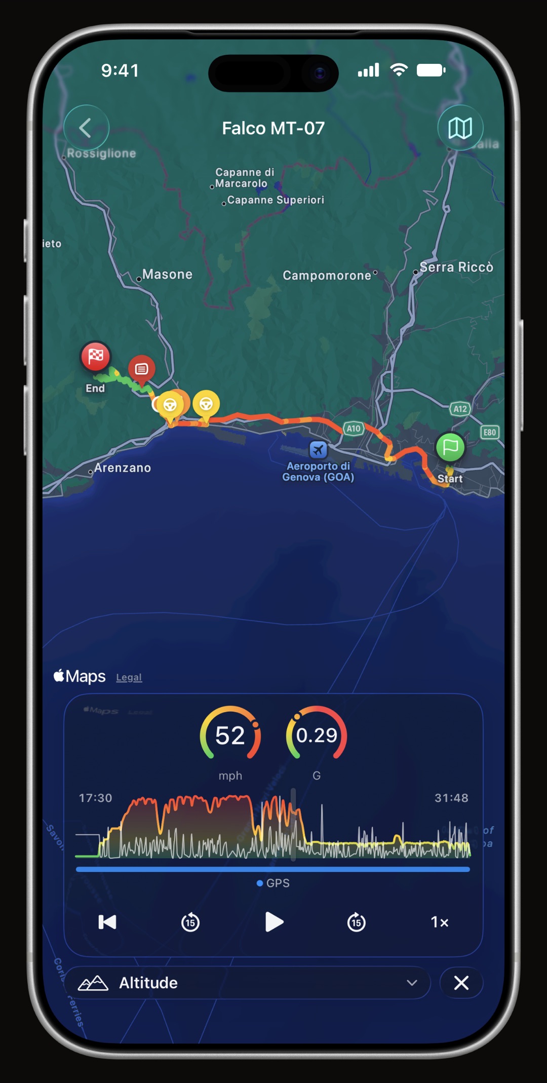 WrenchTime trip replay player on iPhone with speed, altitude and G-force gauges moving along the recorded route