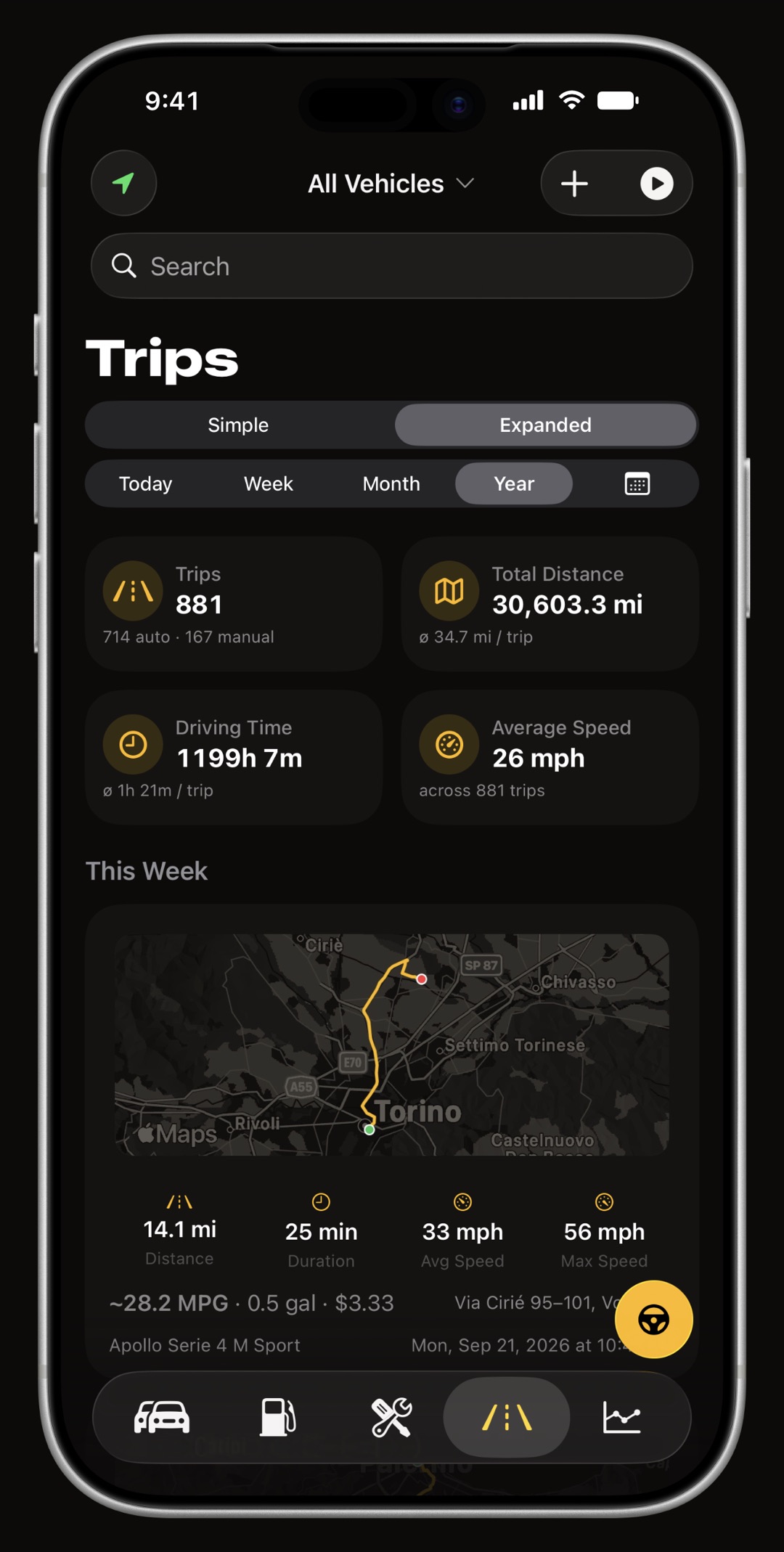 Automatic GPS trip list in WrenchTime with route thumbnails, distance and average speed