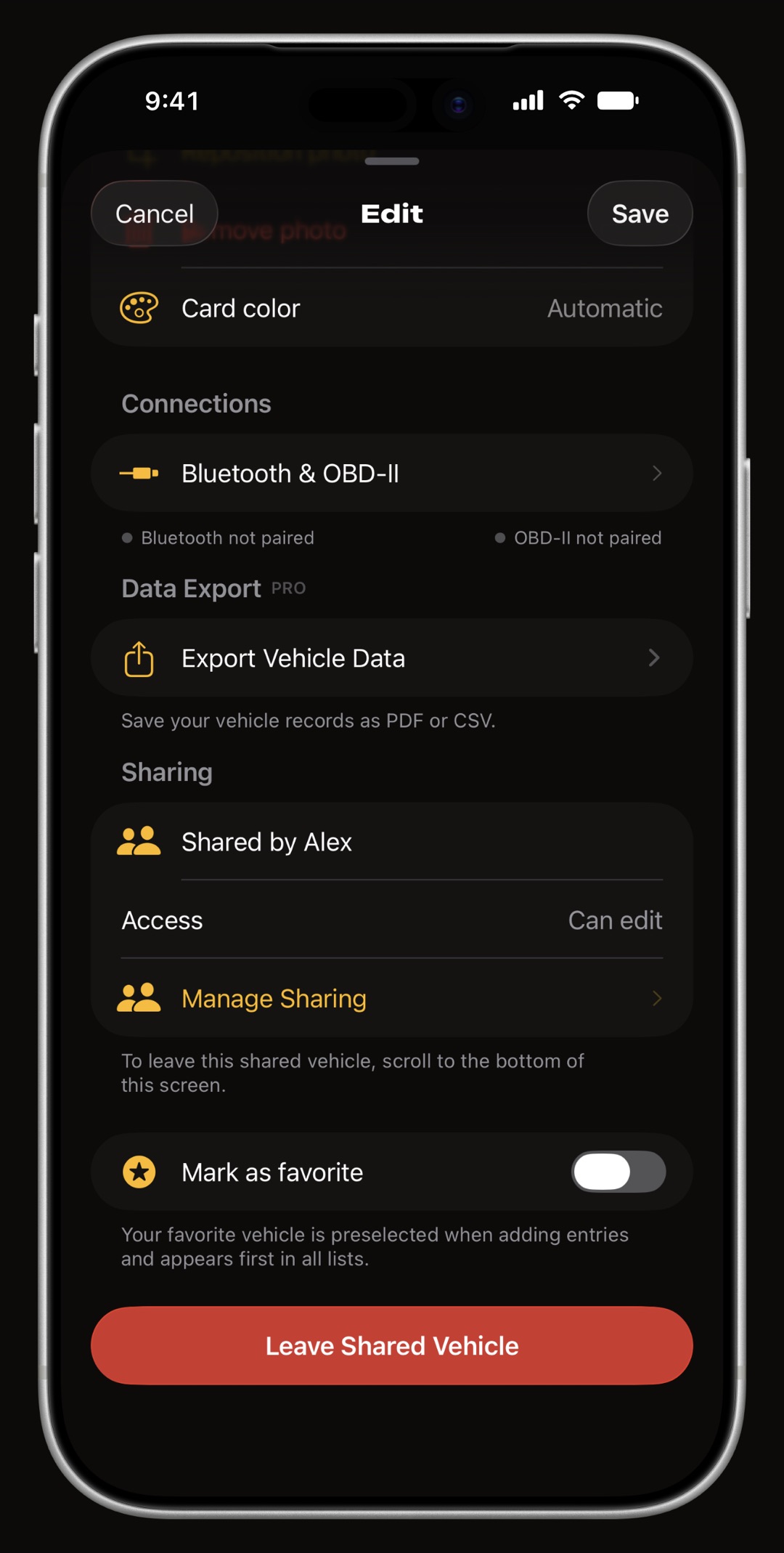 WrenchTime shared vehicle on iPhone as a participant sees it, Shared by Alex, Access Can edit, Manage Sharing