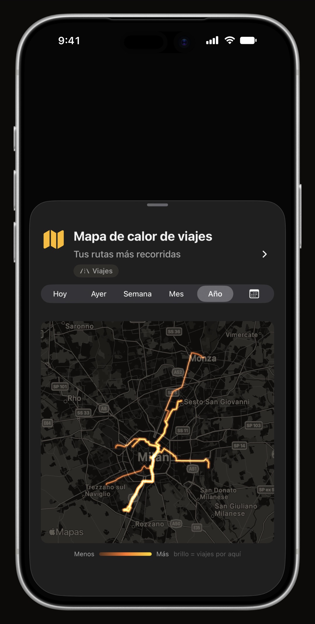 Mapa de calor de conducción de WrenchTime en iPhone, que muestra todo por donde ha pasado el vehículo de verdad