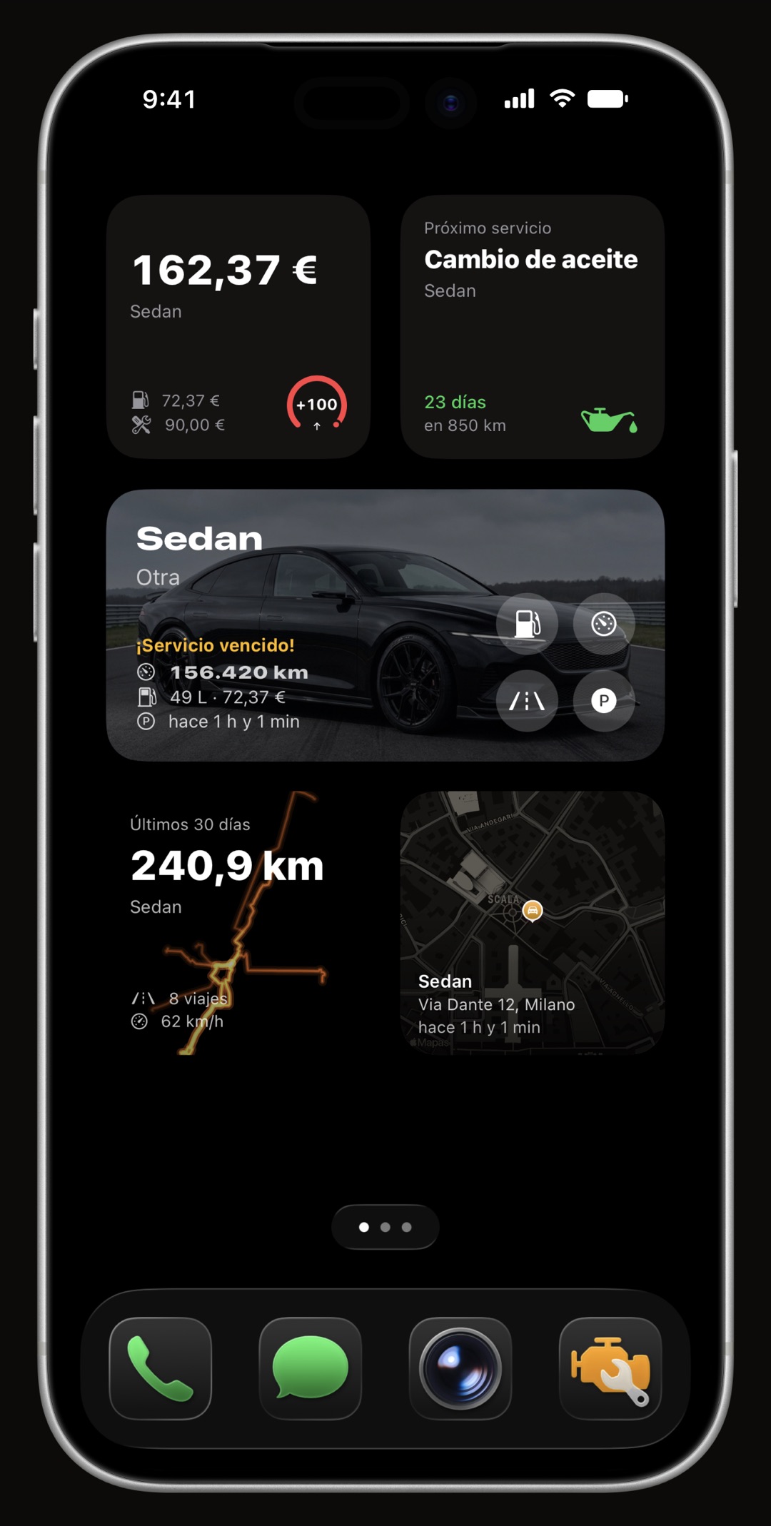 Widgets de WrenchTime para la pantalla de inicio y la de bloqueo: nivel de combustible, gasto mensual, mantenimiento próximo, aparcamiento