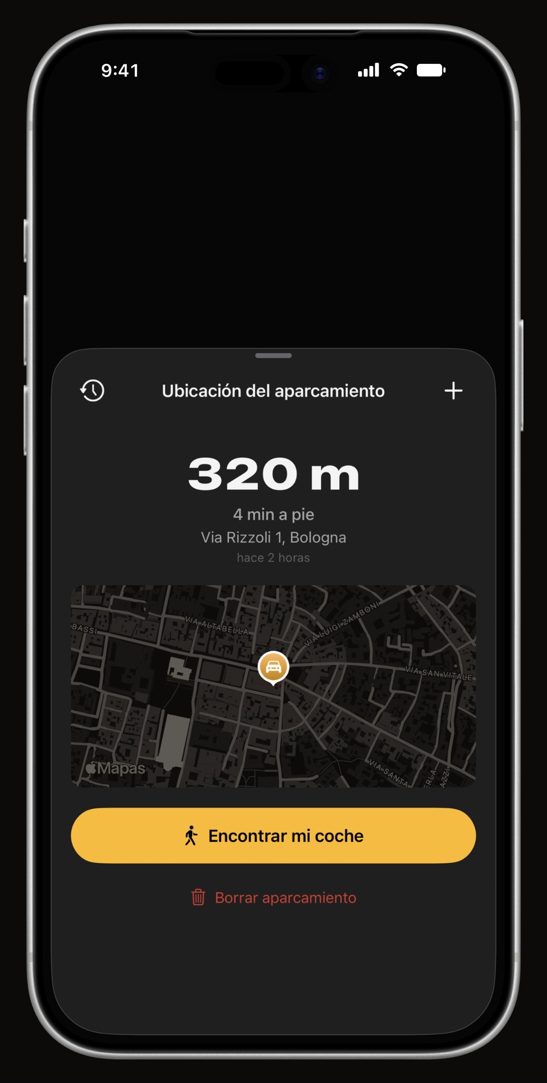 Mapa de aparcamiento de WrenchTime con dirección, tiempo aparcado e indicaciones a pie