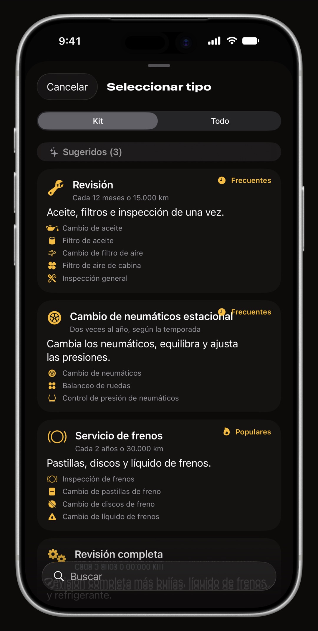 Lista de tareas de WrenchTime con 56 operaciones de mantenimiento para coche y moto