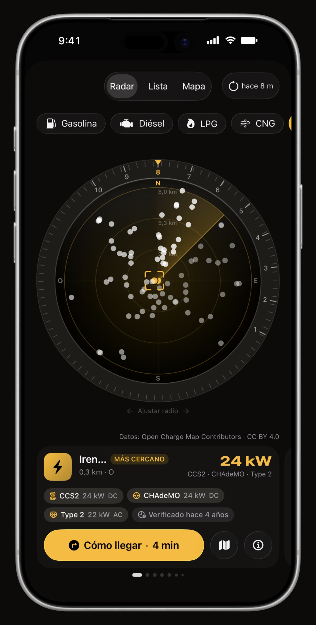 Radar de precios de WrenchTime en iPhone con puntos de recarga, un filtro de conector y la ficha de una estación