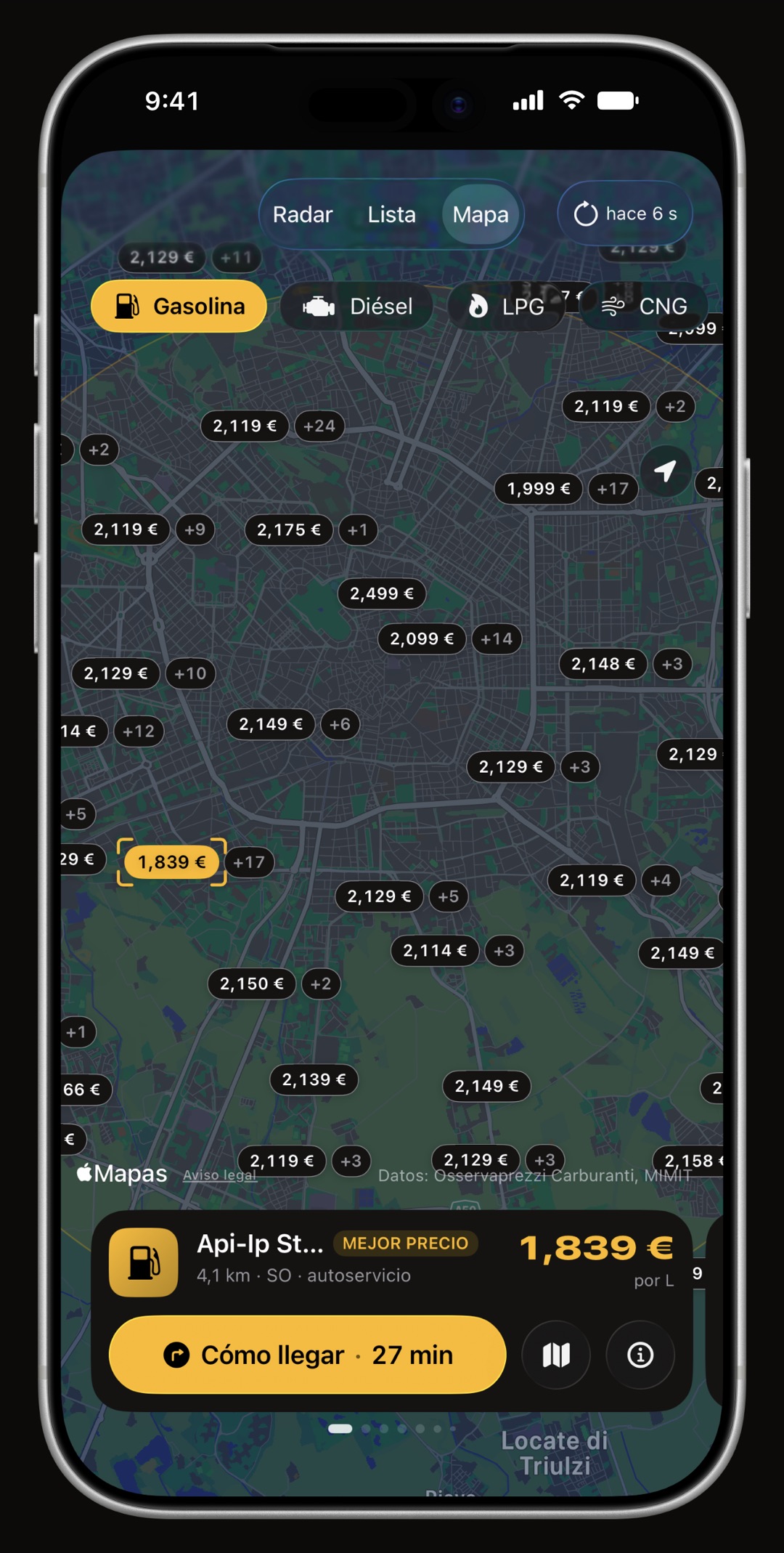 Mapa de gasolineras de WrenchTime con el precio en cada chincheta