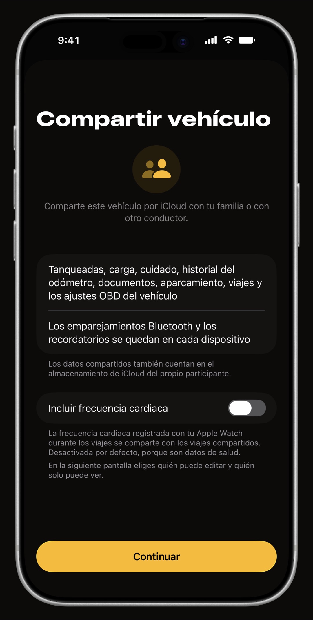 Pantalla Compartir vehículo de WrenchTime en iPhone con lo que viaja, lo que se queda en cada dispositivo y el interruptor Incluir frecuencia cardiaca