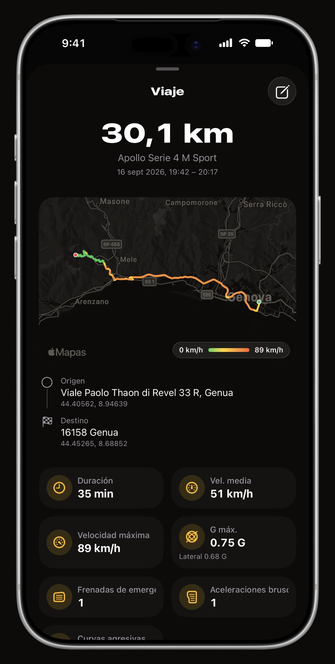 La ficha de un viaje de WrenchTime en iPhone: distancia destacada, la ruta de principio a fin, las direcciones y una cuadrícula de métricas