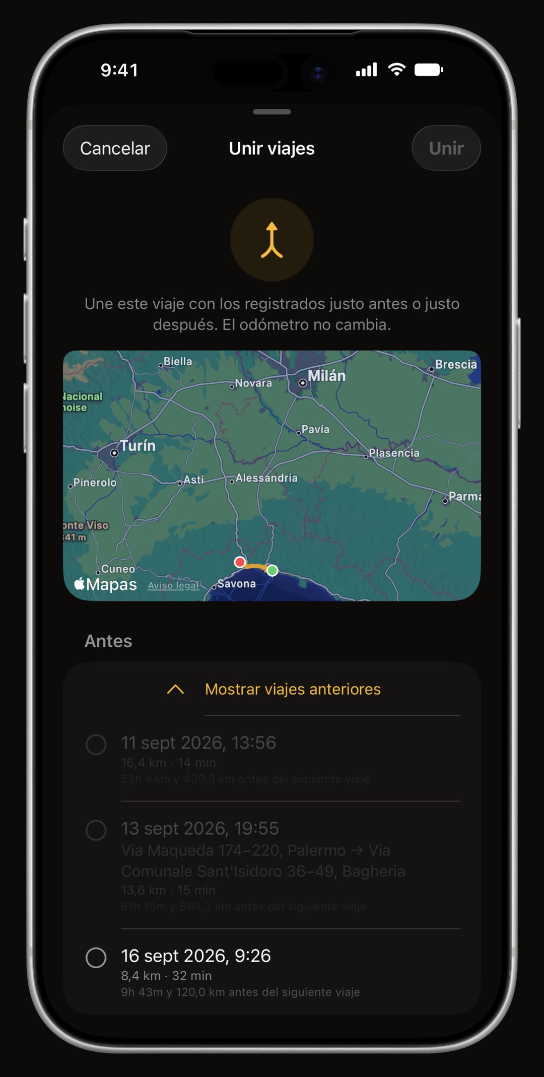 La sección de traza de WrenchTime en iPhone uniendo dos viajes contiguos en una sola conducción