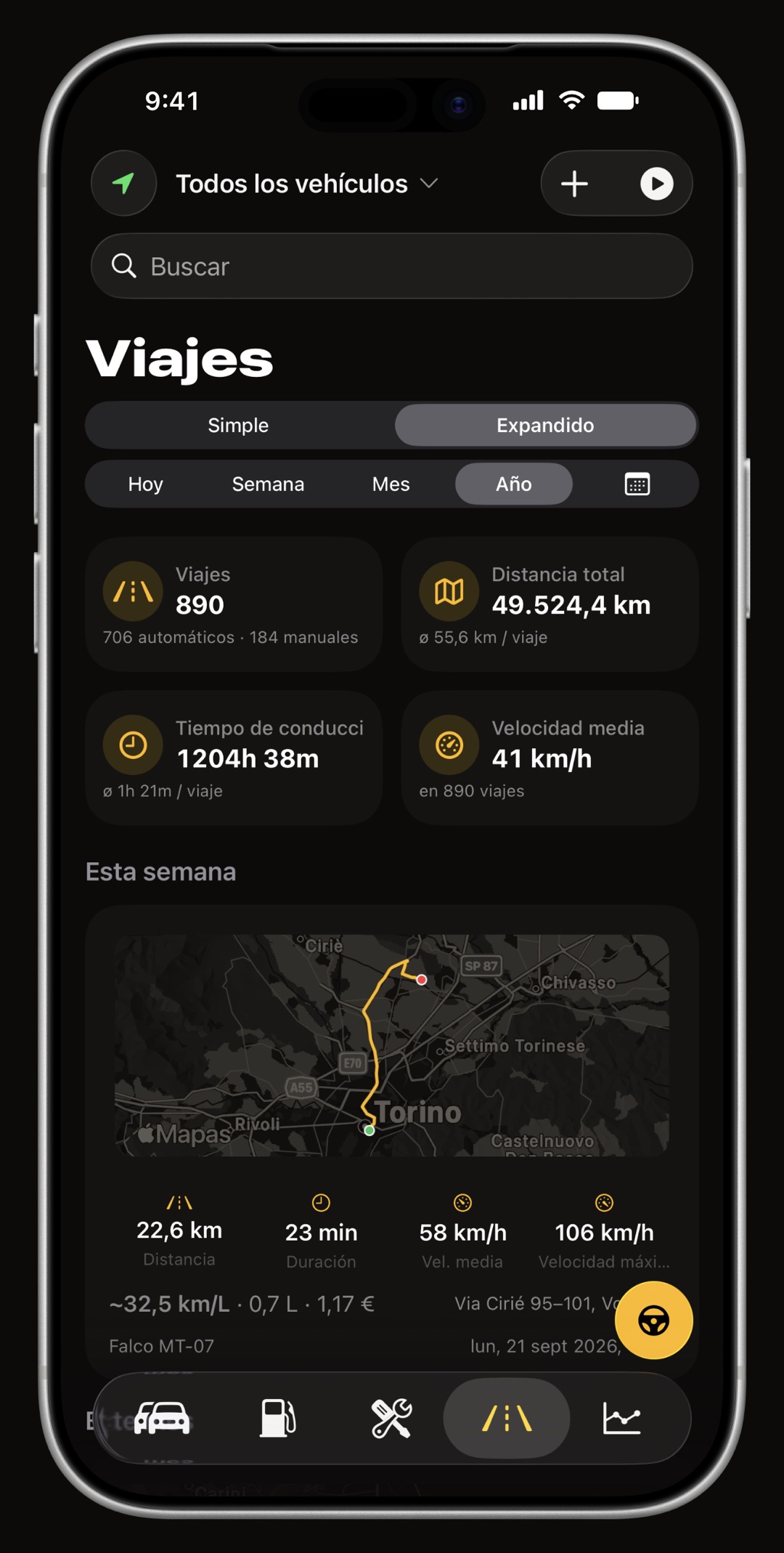 Lista de viajes GPS automáticos en WrenchTime con miniaturas de ruta, distancia y velocidad media