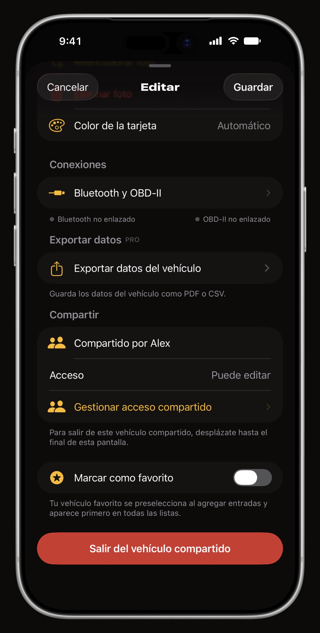 Vehículo compartido de WrenchTime en iPhone tal como lo ve un participante: Compartido por Alex, acceso Puede editar, Gestionar acceso compartido