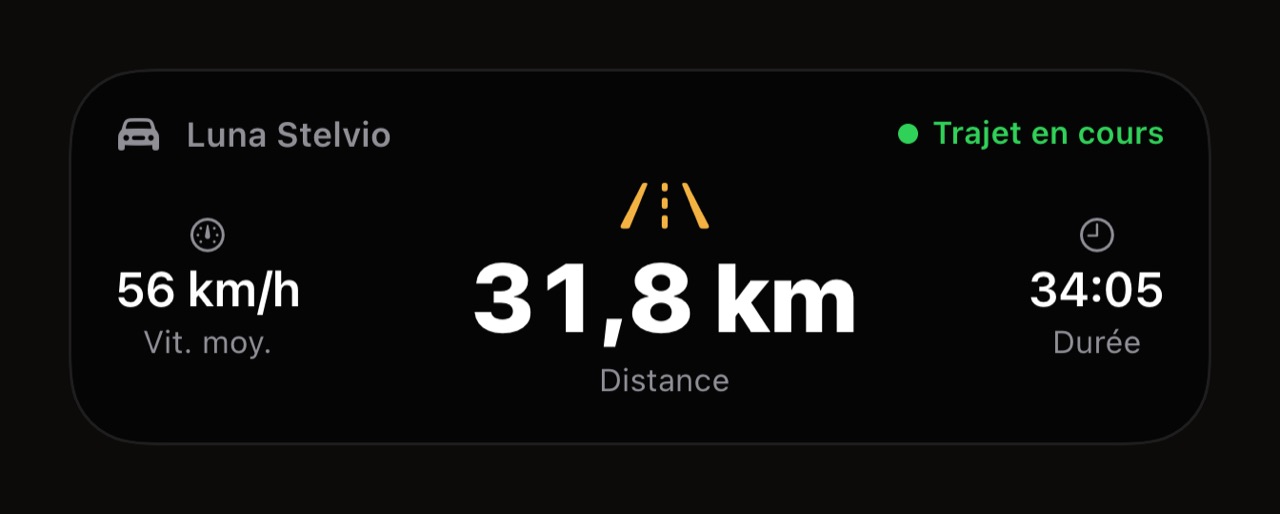 L'Activité en direct du trajet WrenchTime sur l'écran verrouillé : véhicule, trajet en cours, vitesse moyenne, distance, durée