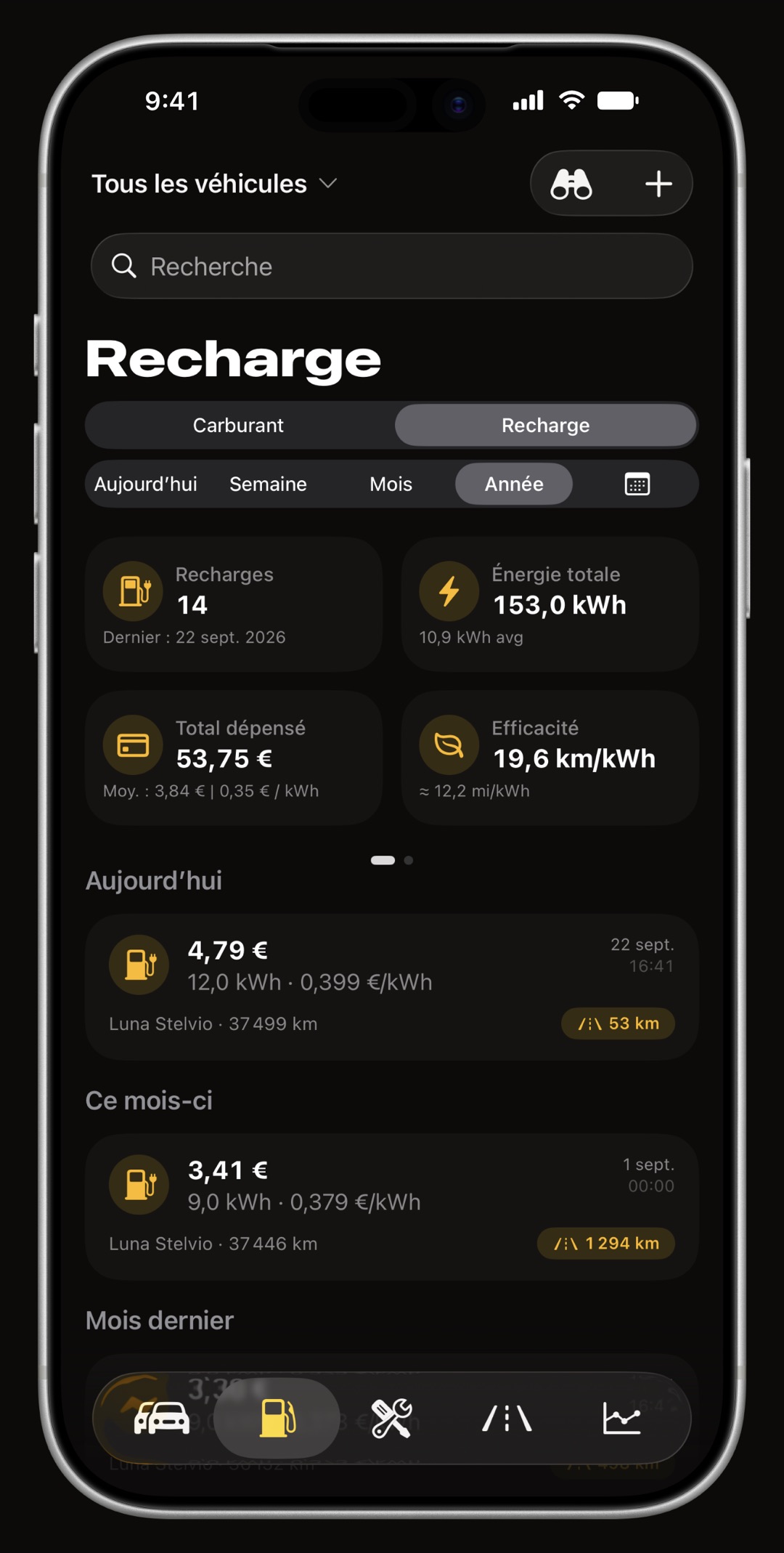 Carnet de recharge WrenchTime sur iPhone avec l'énergie en kWh, le type de borne et le pourcentage de batterie