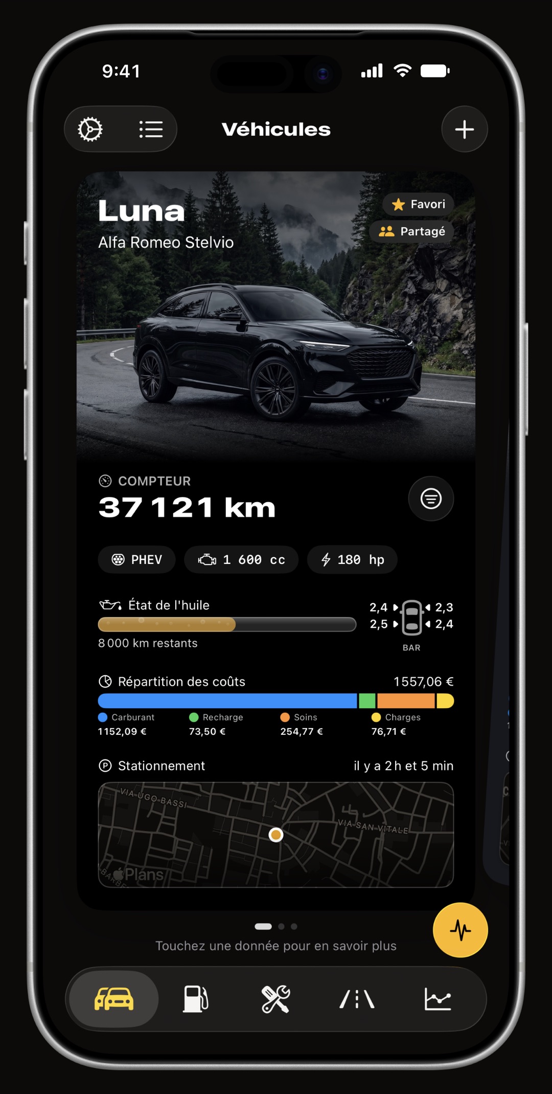 Garage WrenchTime sur iPhone avec la carte d'une voiture marquée Partagé