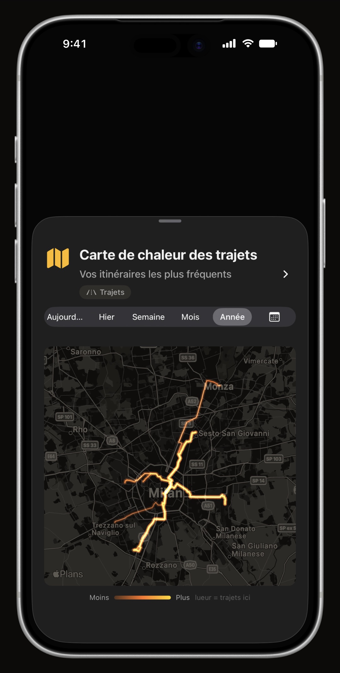 Carte de chaleur de conduite WrenchTime sur iPhone, montrant partout où le véhicule a réellement roulé