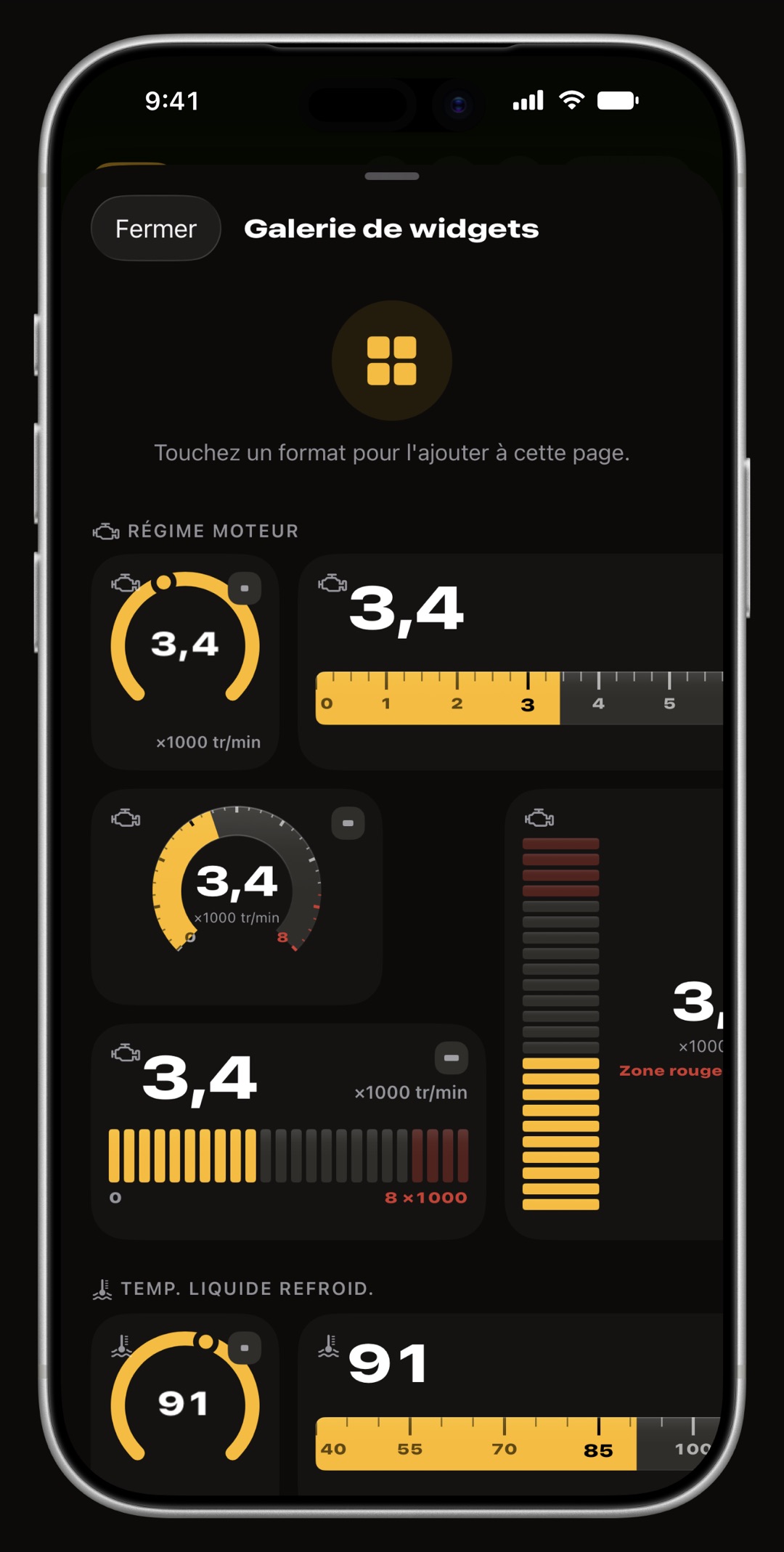 Tableau de bord WrenchTime Live en mode édition sur iPhone, la galerie de widgets ouverte