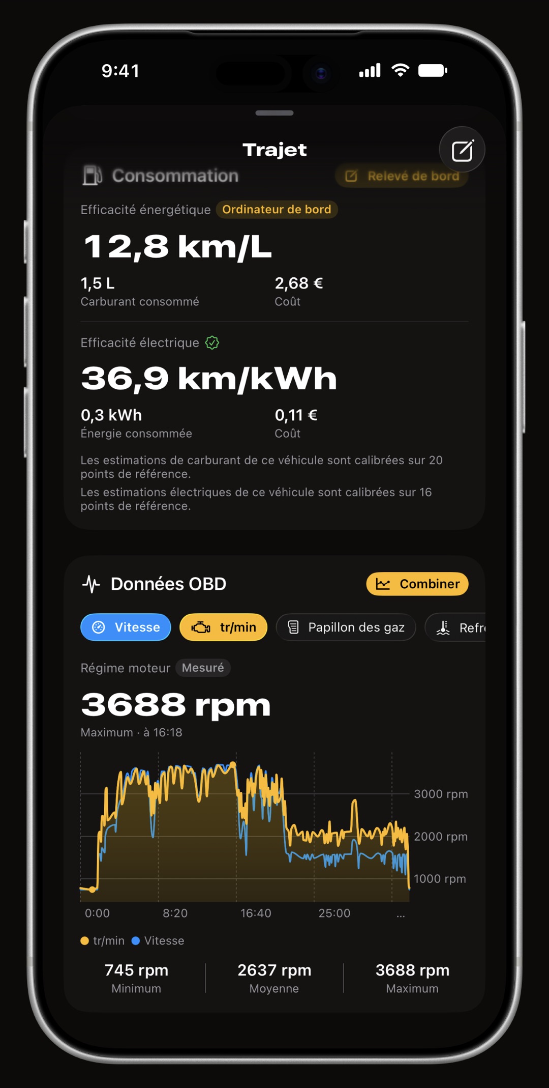 La fiche d'un trajet WrenchTime sur iPhone ouverte sur son graphique OBD-II, le régime moteur tracé sur tout le trajet avec la vitesse superposée