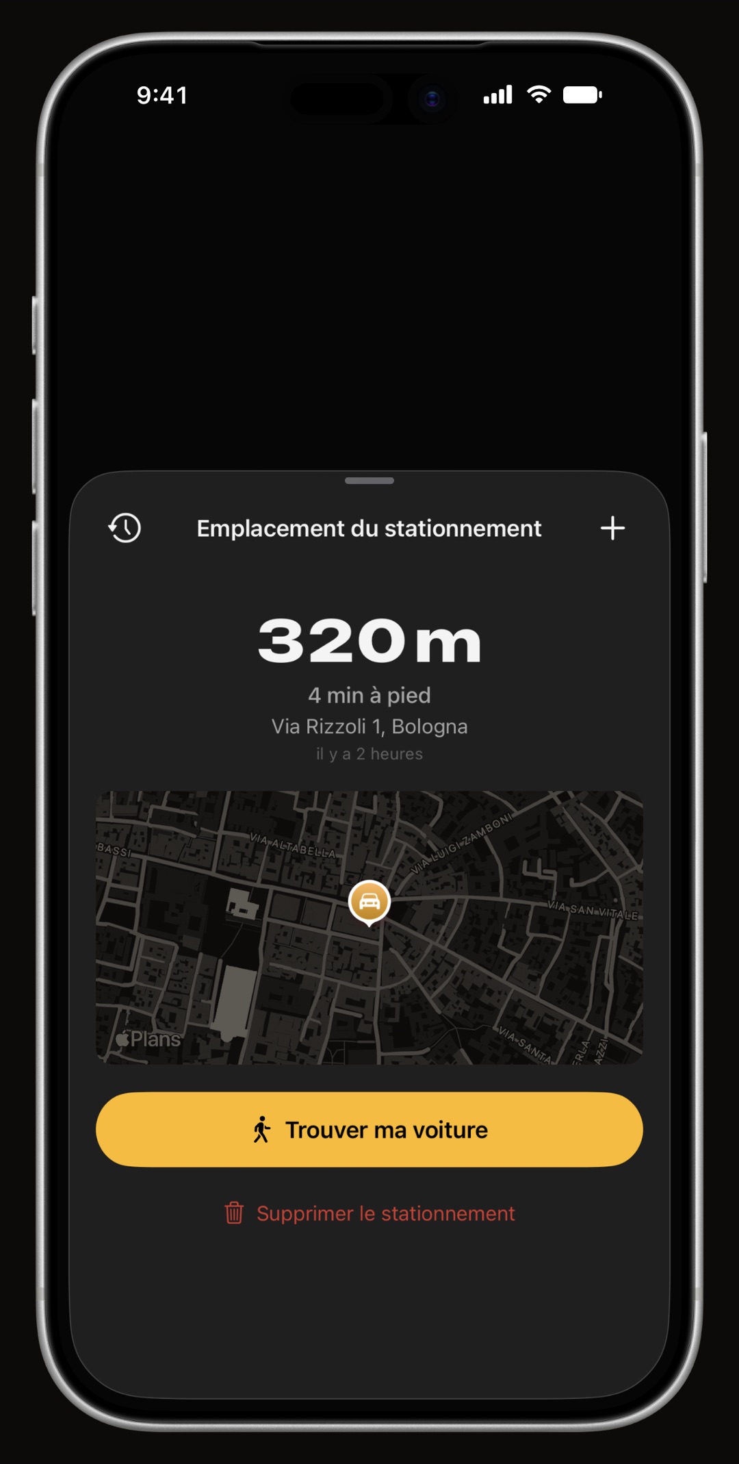 Carte de stationnement WrenchTime avec adresse, durée de stationnement et itinéraire piéton