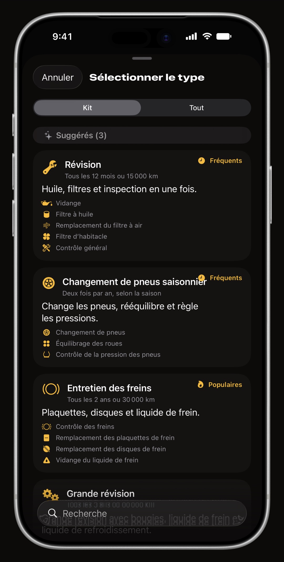 Liste des opérations WrenchTime avec 56 opérations d'entretien pour voiture et moto