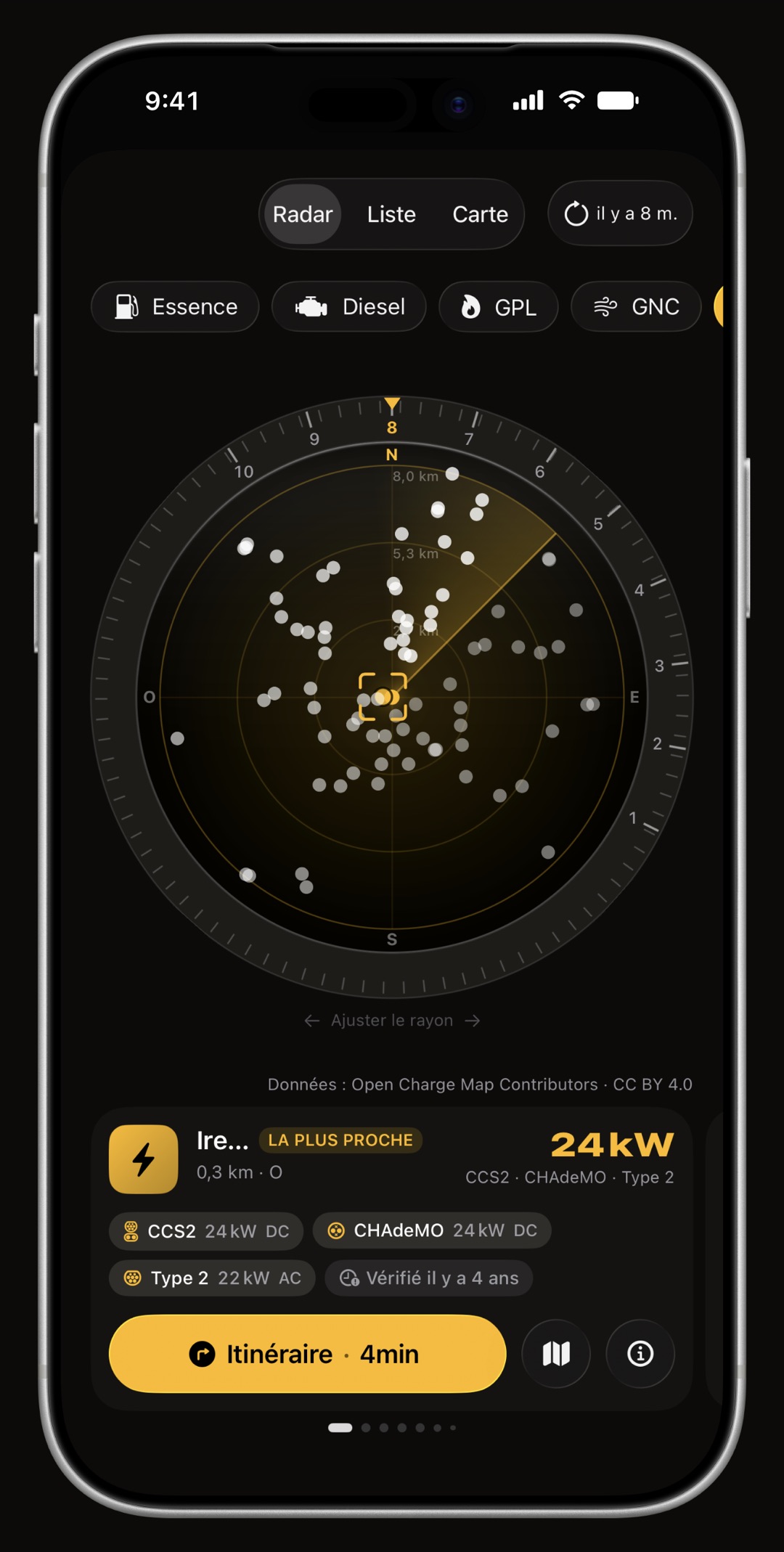 Radar des prix WrenchTime sur iPhone avec les bornes de recharge, un filtre de connecteur et la fiche d'une station