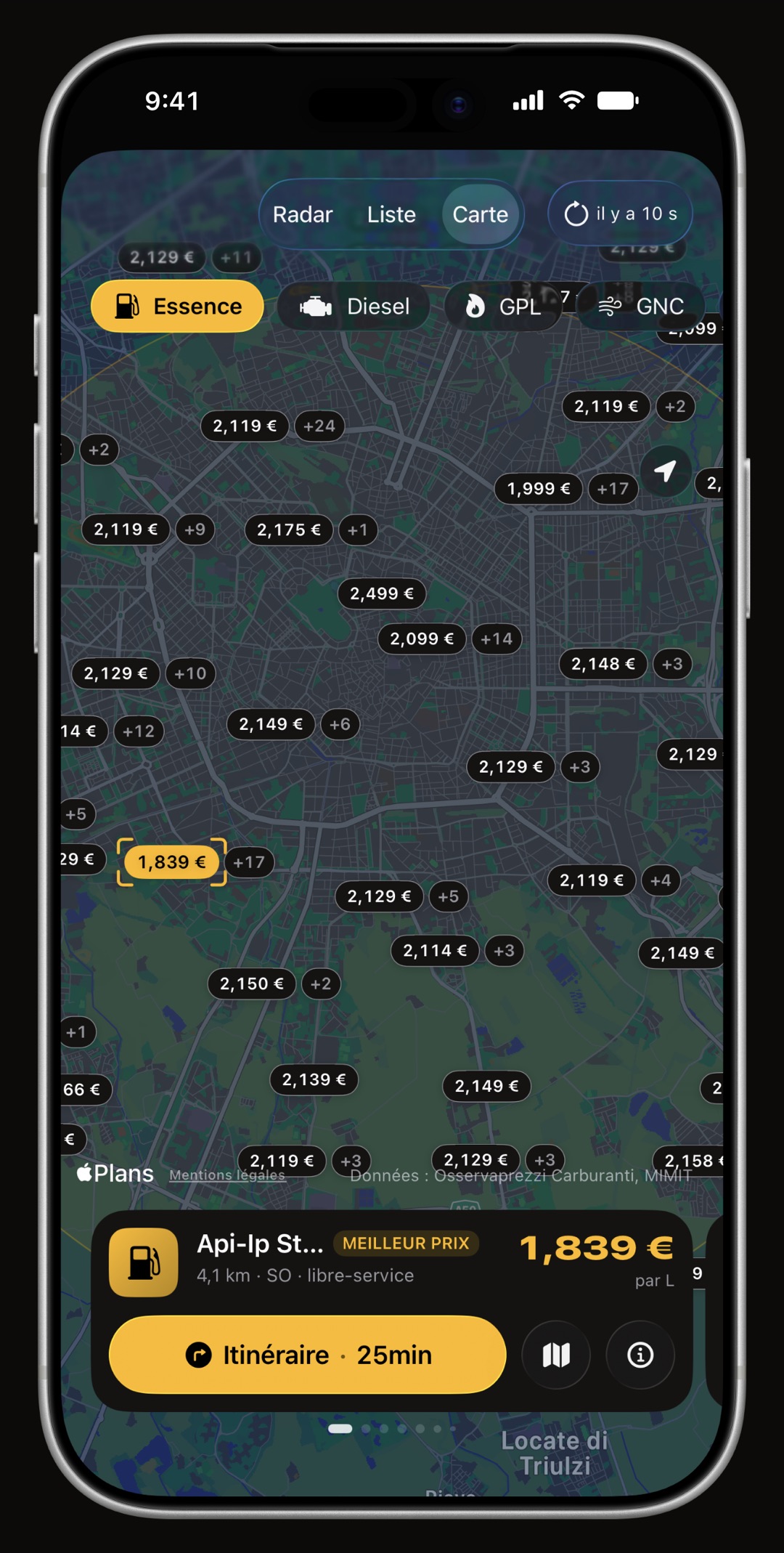 Carte des stations WrenchTime avec le prix sur chaque repère
