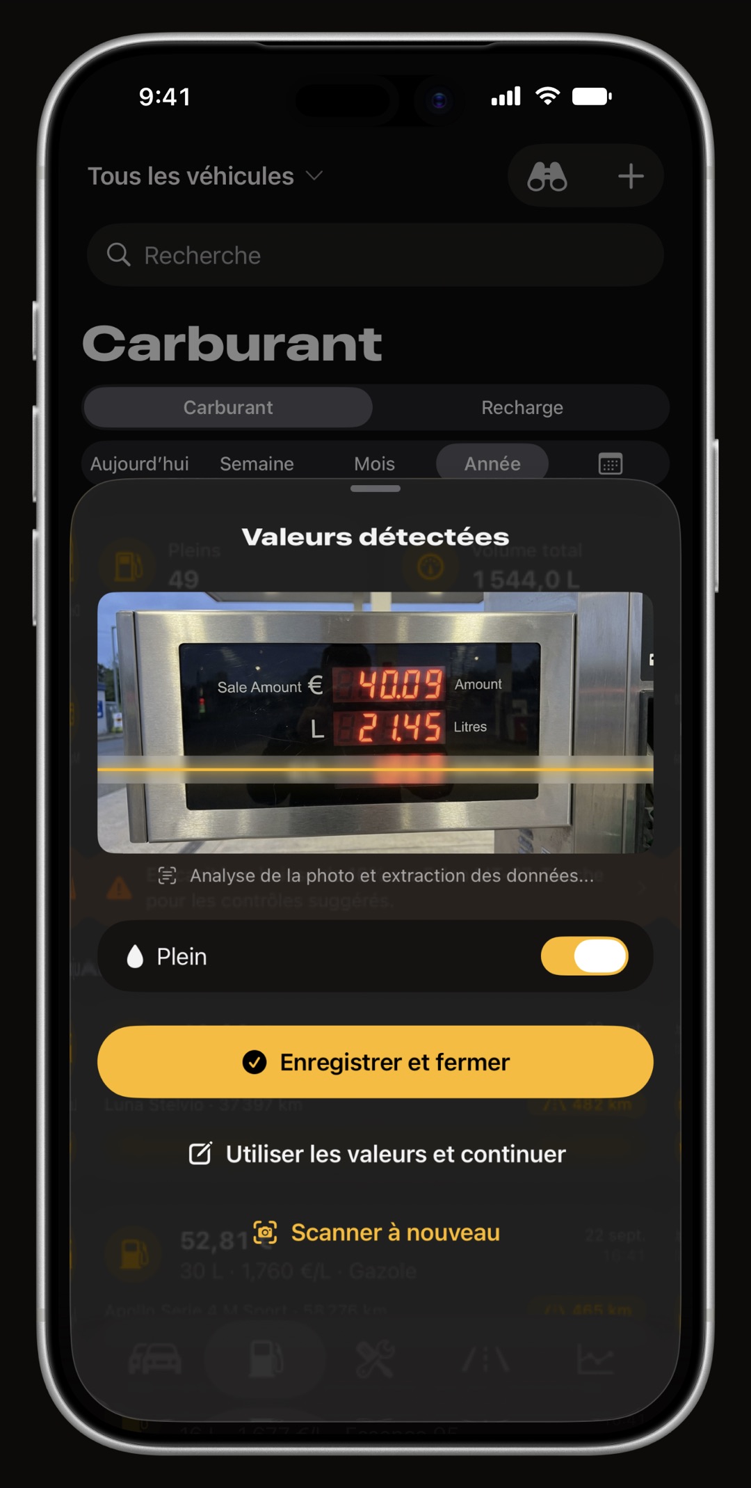 WrenchTime lisant l'afficheur d'une pompe par reconnaissance de texte sur l'appareil, sur iPhone