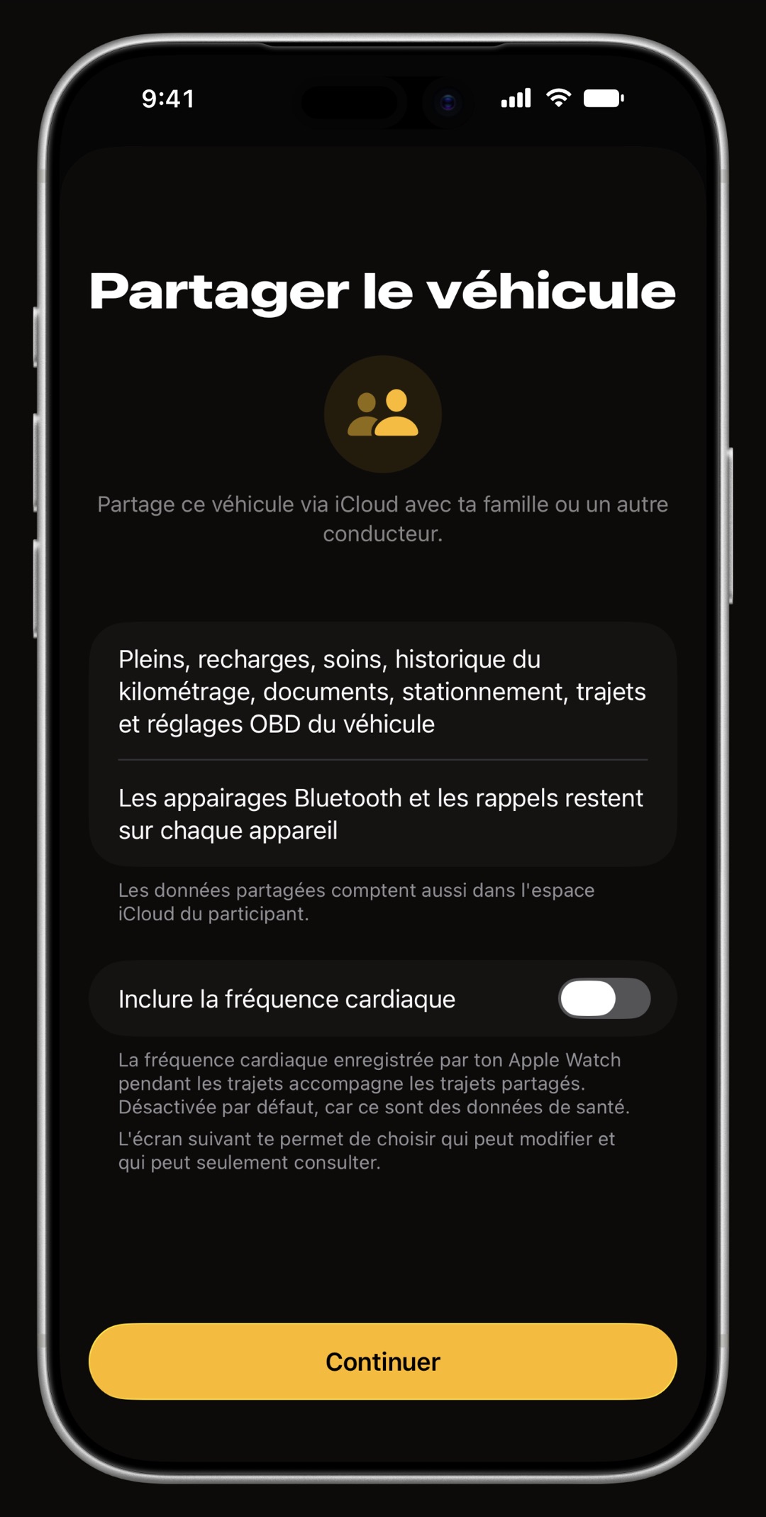 Écran Partager le véhicule de WrenchTime sur iPhone avec ce qui voyage, ce qui reste sur chaque appareil et un interrupteur Inclure la fréquence cardiaque