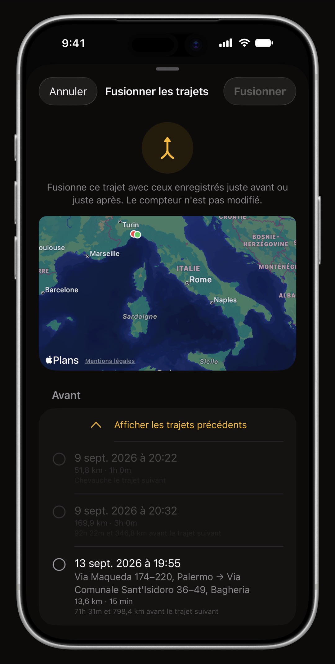 La section trace de WrenchTime sur iPhone réunissant deux trajets contigus en un seul