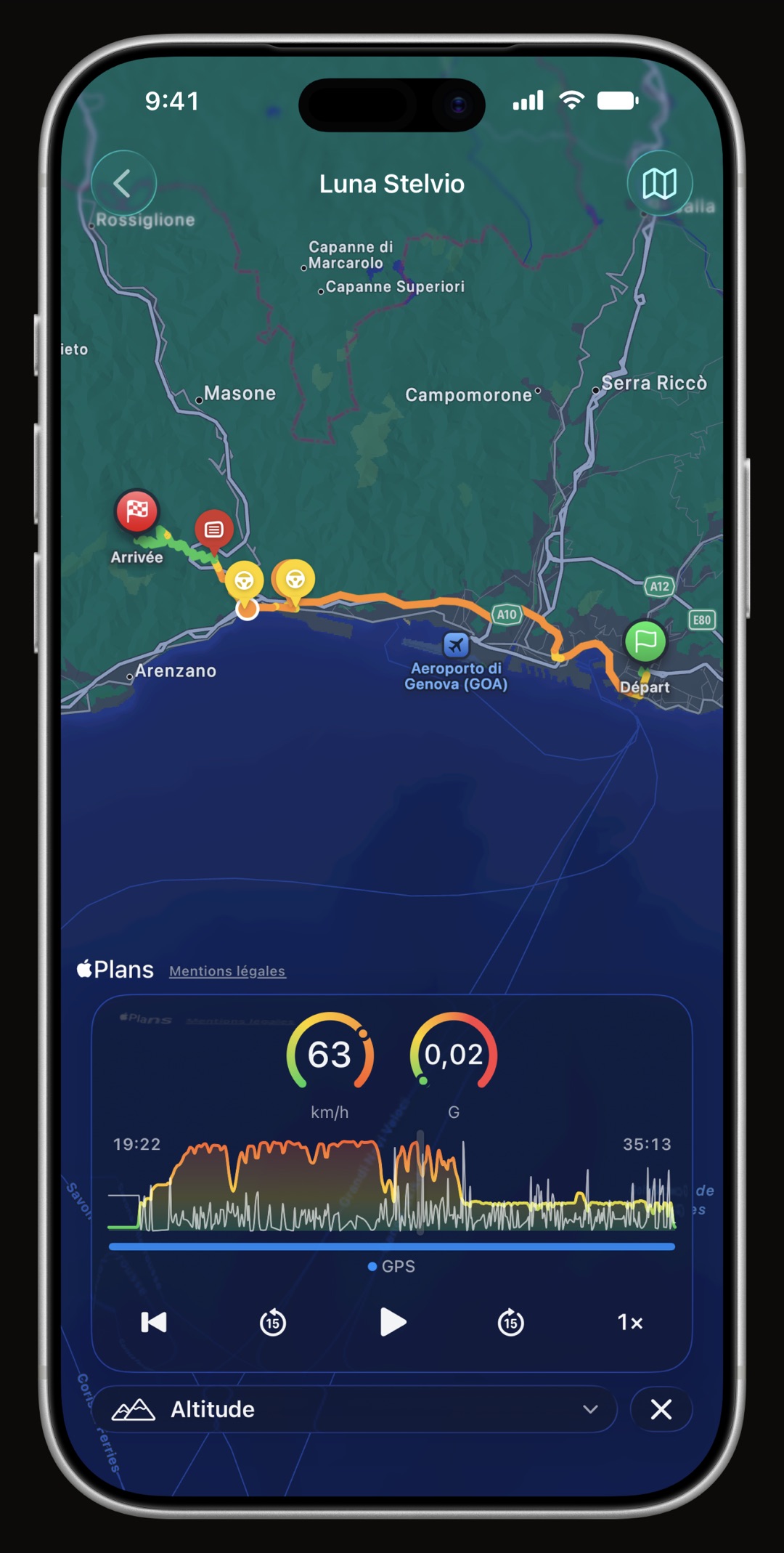 Lecteur de rejeu WrenchTime sur iPhone avec cadrans de vitesse, d'altitude et de force G avançant le long de l'itinéraire enregistré
