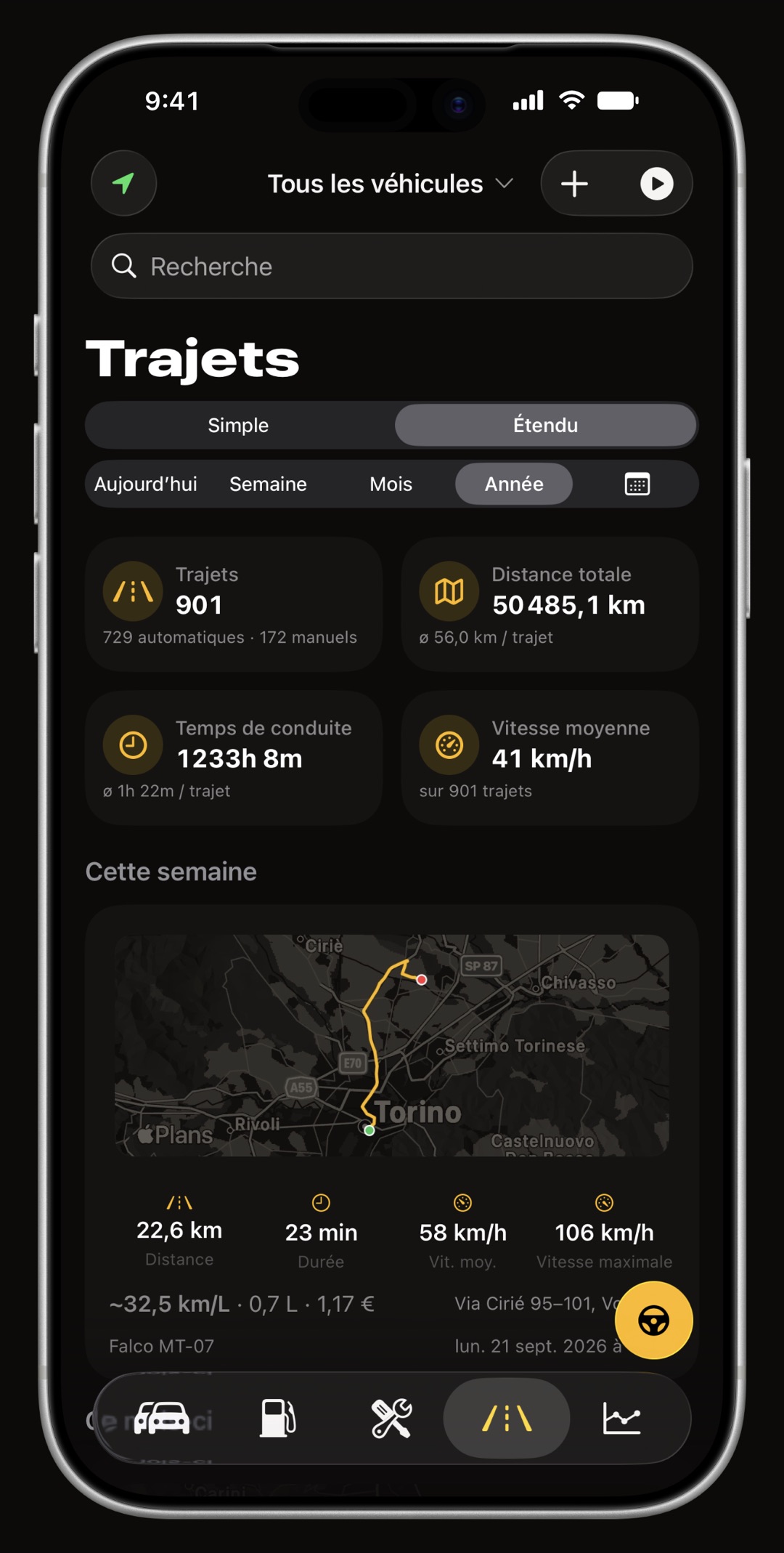 Liste des trajets GPS automatiques dans WrenchTime avec vignettes d'itinéraire, distance et vitesse moyenne