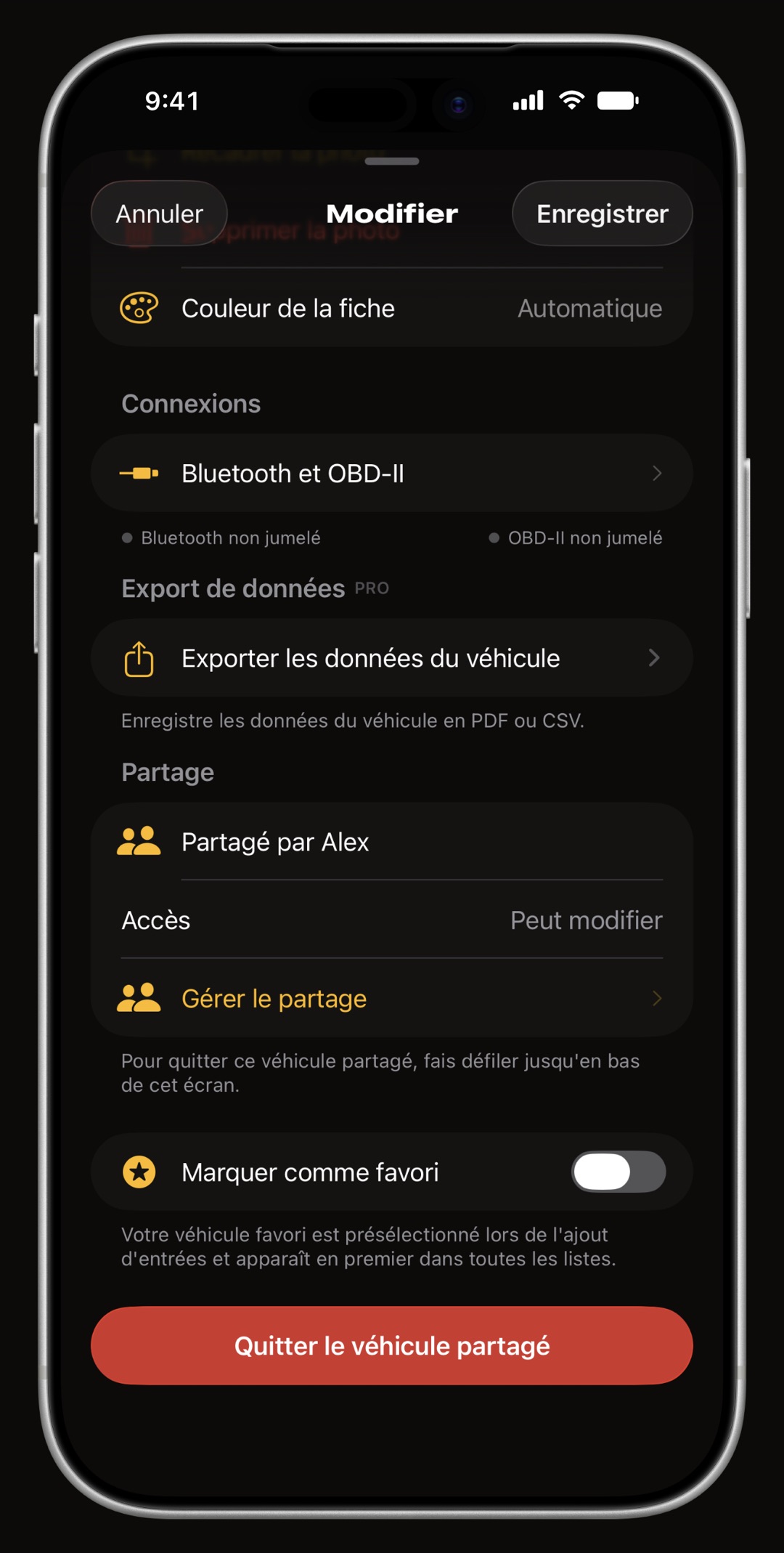 Véhicule partagé WrenchTime sur iPhone tel que le voit un participant : Partagé par Alex, accès Peut modifier, Gérer le partage