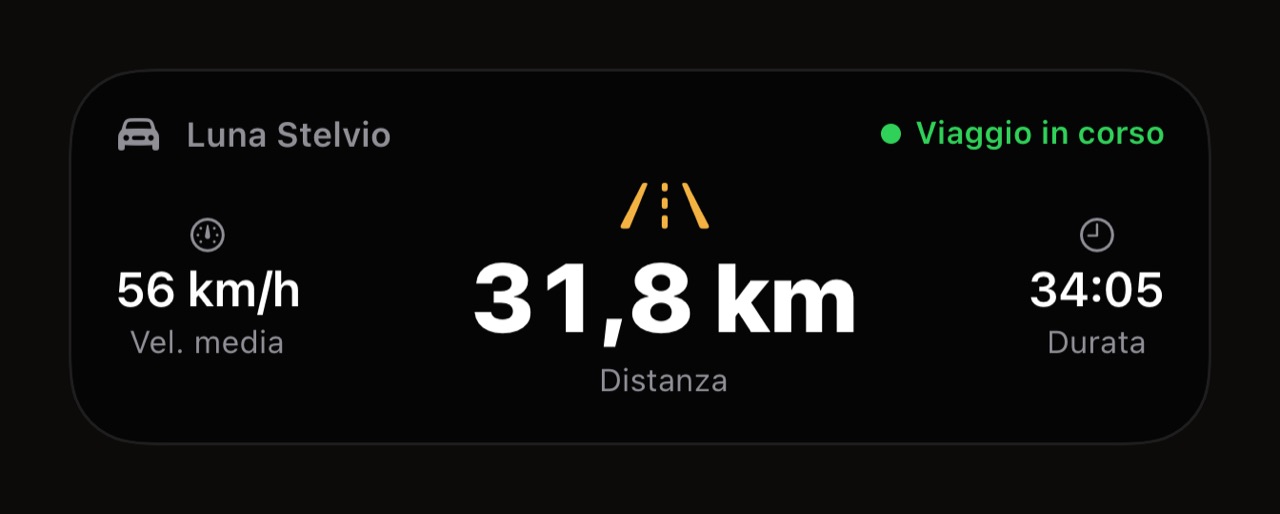 L'Attività in tempo reale del viaggio di WrenchTime sulla schermata di blocco: veicolo, viaggio in corso, velocità media, distanza, durata