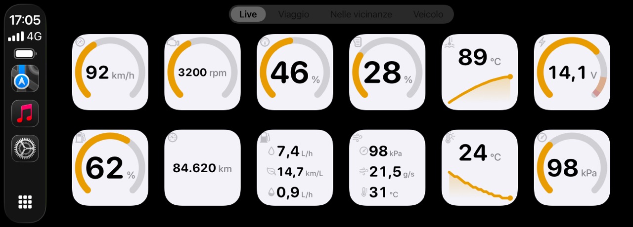 La griglia di strumenti CarPlay di WrenchTime con aspetto chiaro sullo schermo di un'auto