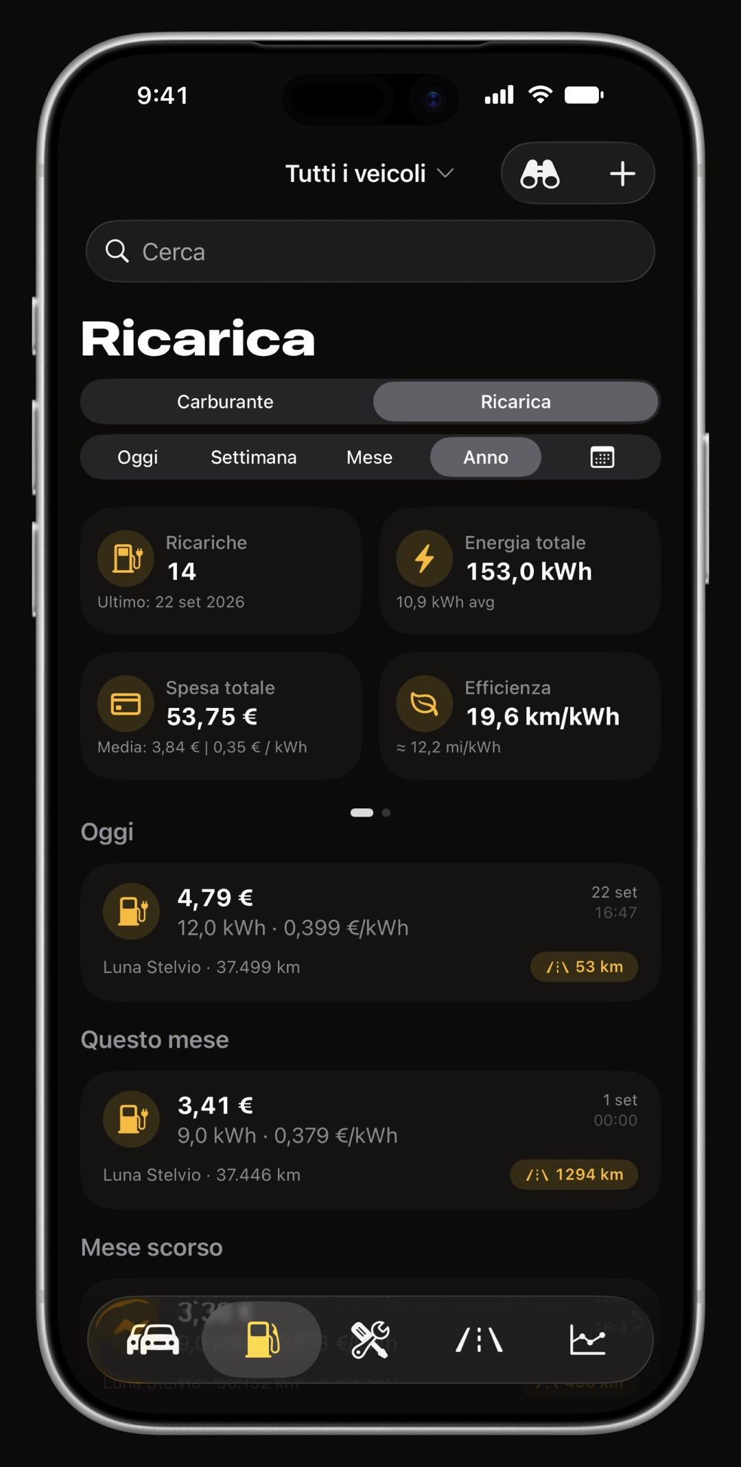 Registro delle ricariche di WrenchTime su iPhone con energia in kWh, tipo di colonnina e percentuale di batteria