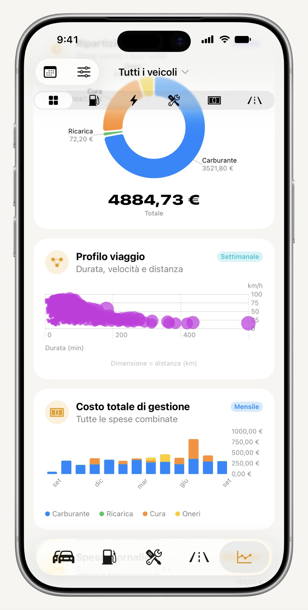 Grafici dei costi di gestione e dei consumi di WrenchTime su iPhone