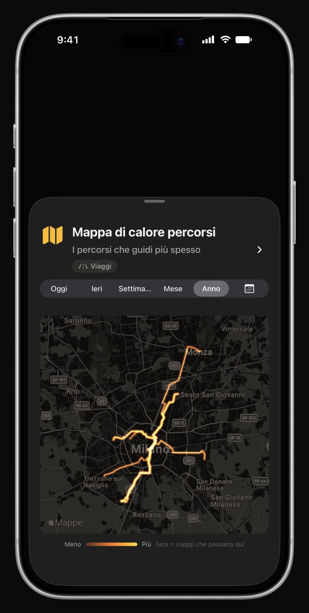 Mappa di calore della guida di WrenchTime su iPhone, che mostra ovunque il veicolo sia passato davvero