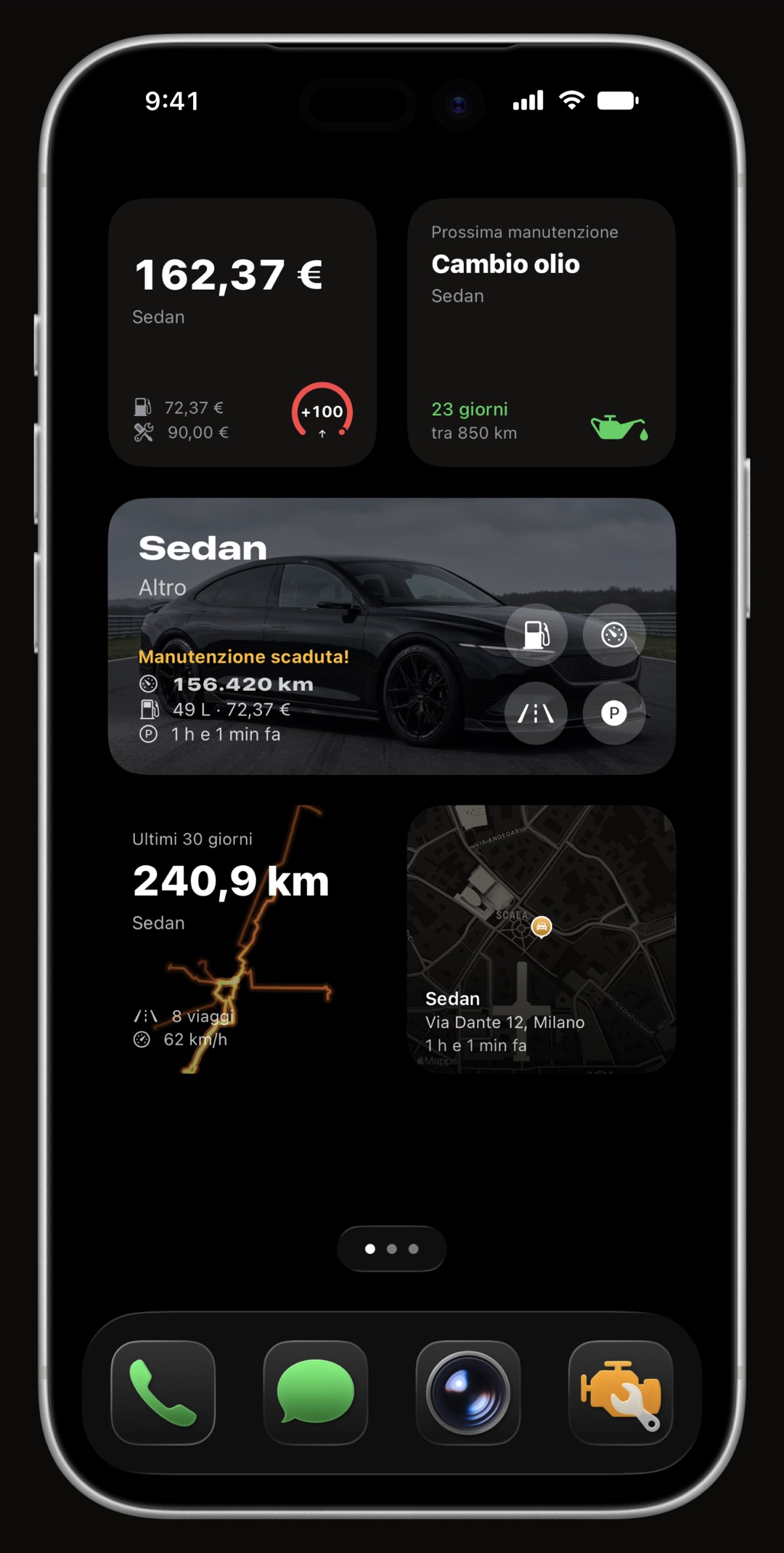 Widget di WrenchTime per la schermata Home e di blocco: livello carburante, spesa mensile, manutenzione in scadenza, parcheggio