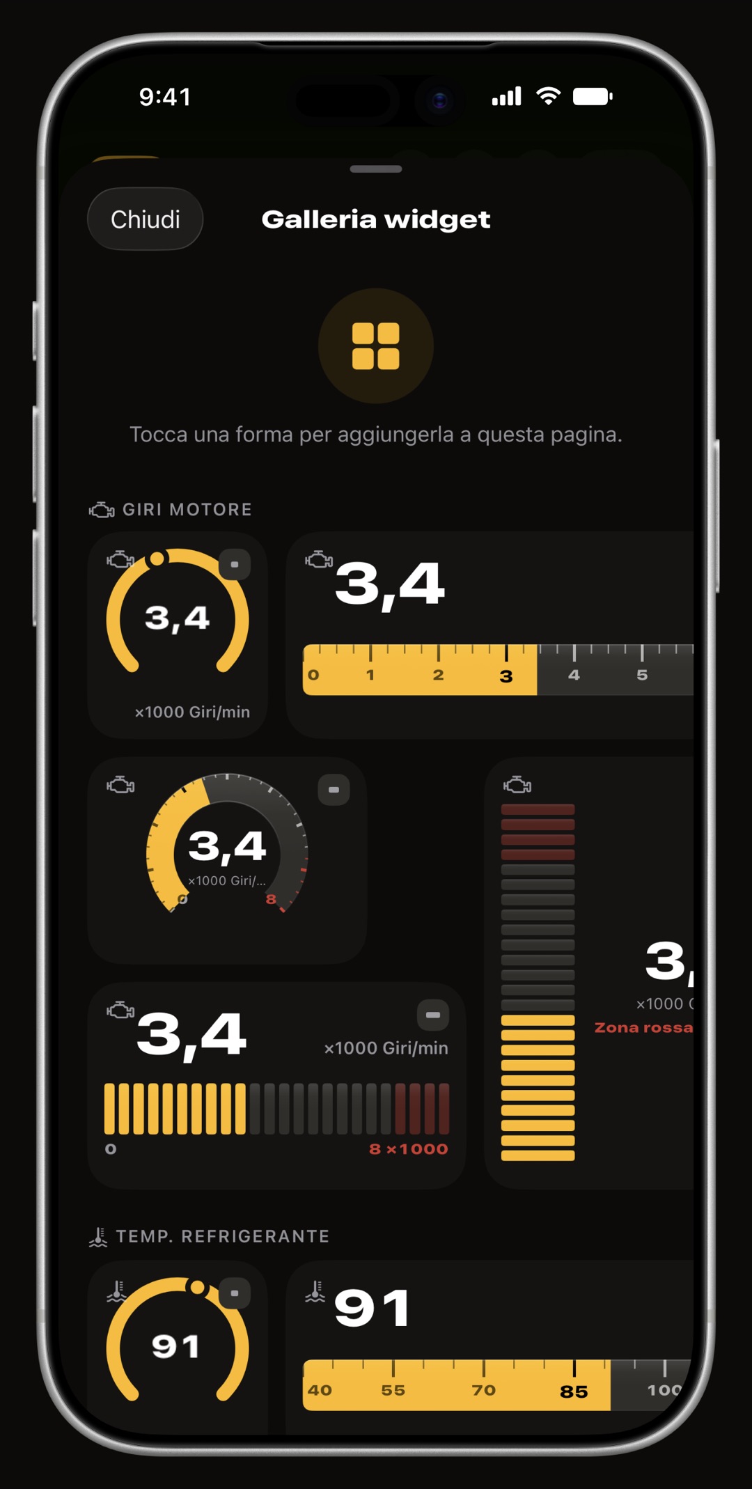 Cruscotto WrenchTime Live in modalità modifica su iPhone con la galleria dei widget aperta