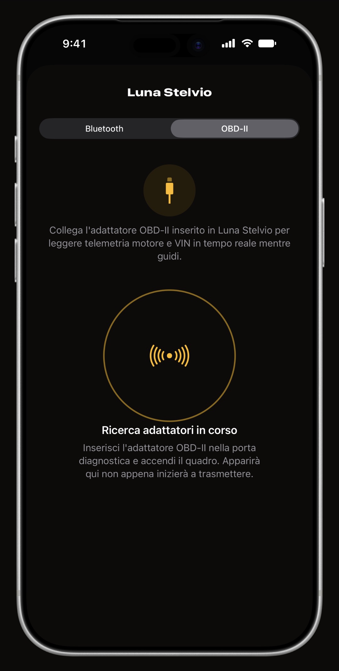 La schermata di abbinamento di WrenchTime su iPhone, sulla scheda OBD-II, mentre cerca un adattatore inserito nella presa diagnostica del veicolo