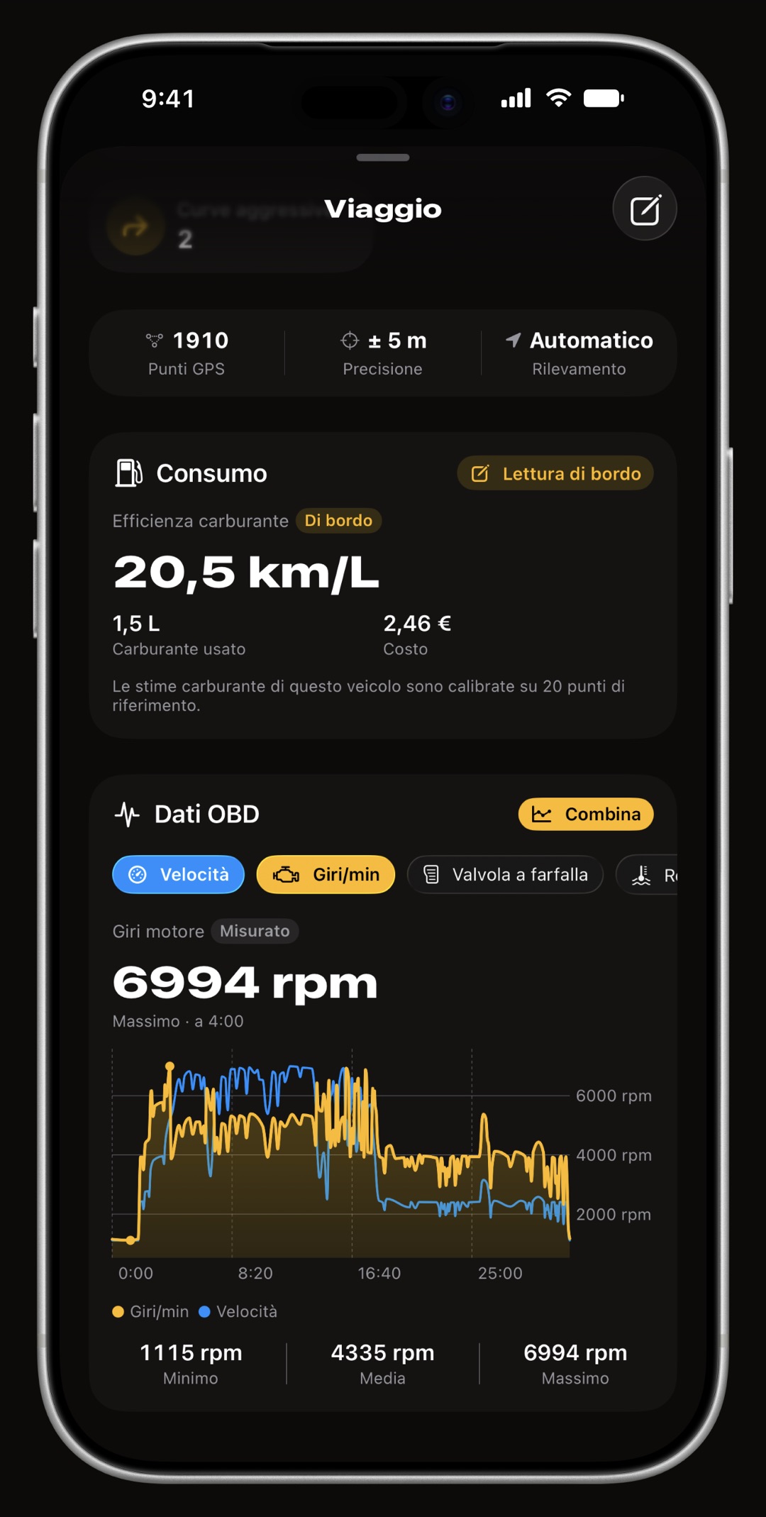Dettaglio di un viaggio di WrenchTime su iPhone aperto sul grafico OBD-II, con giri, temperatura del liquido e portata carburante lungo tutta la guida