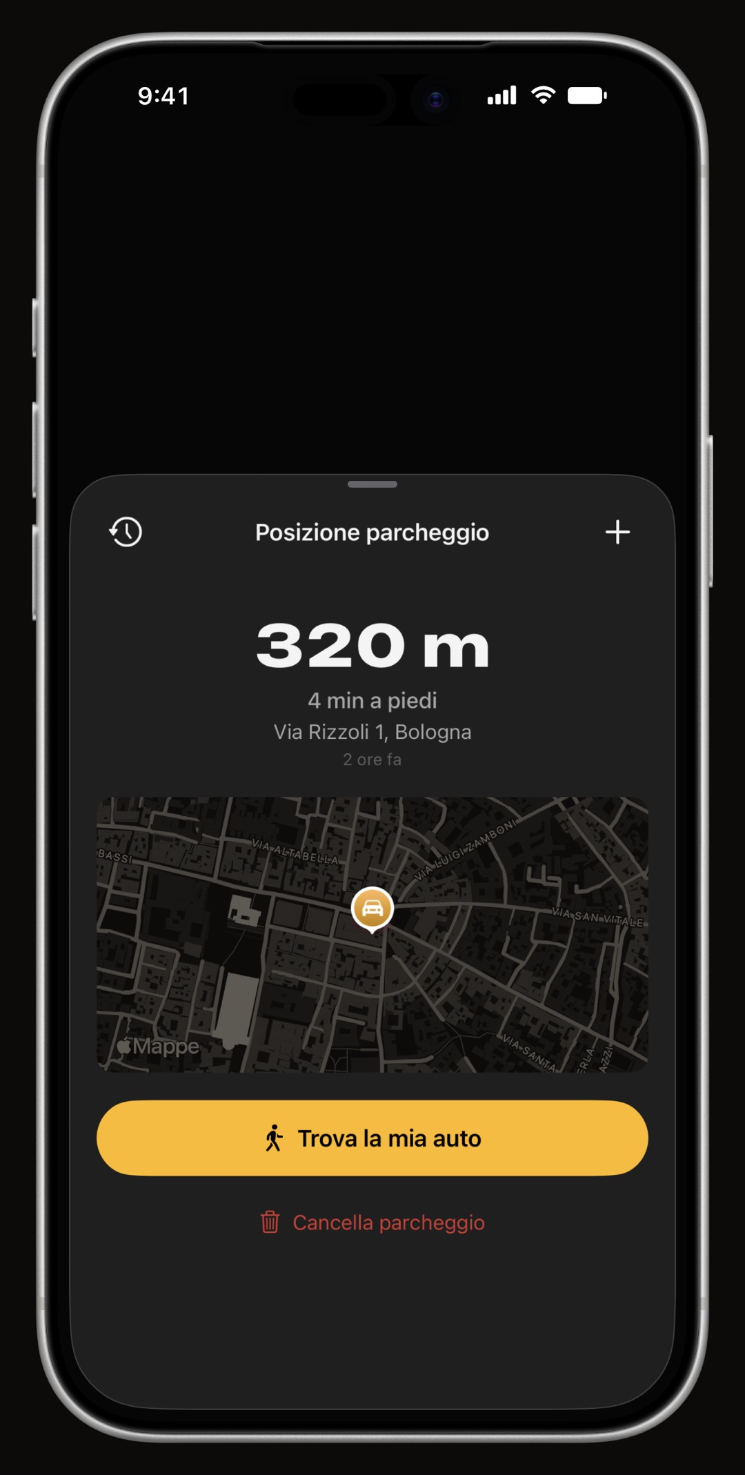 Mappa del parcheggio di WrenchTime con indirizzo, da quanto sei parcheggiato e indicazioni a piedi
