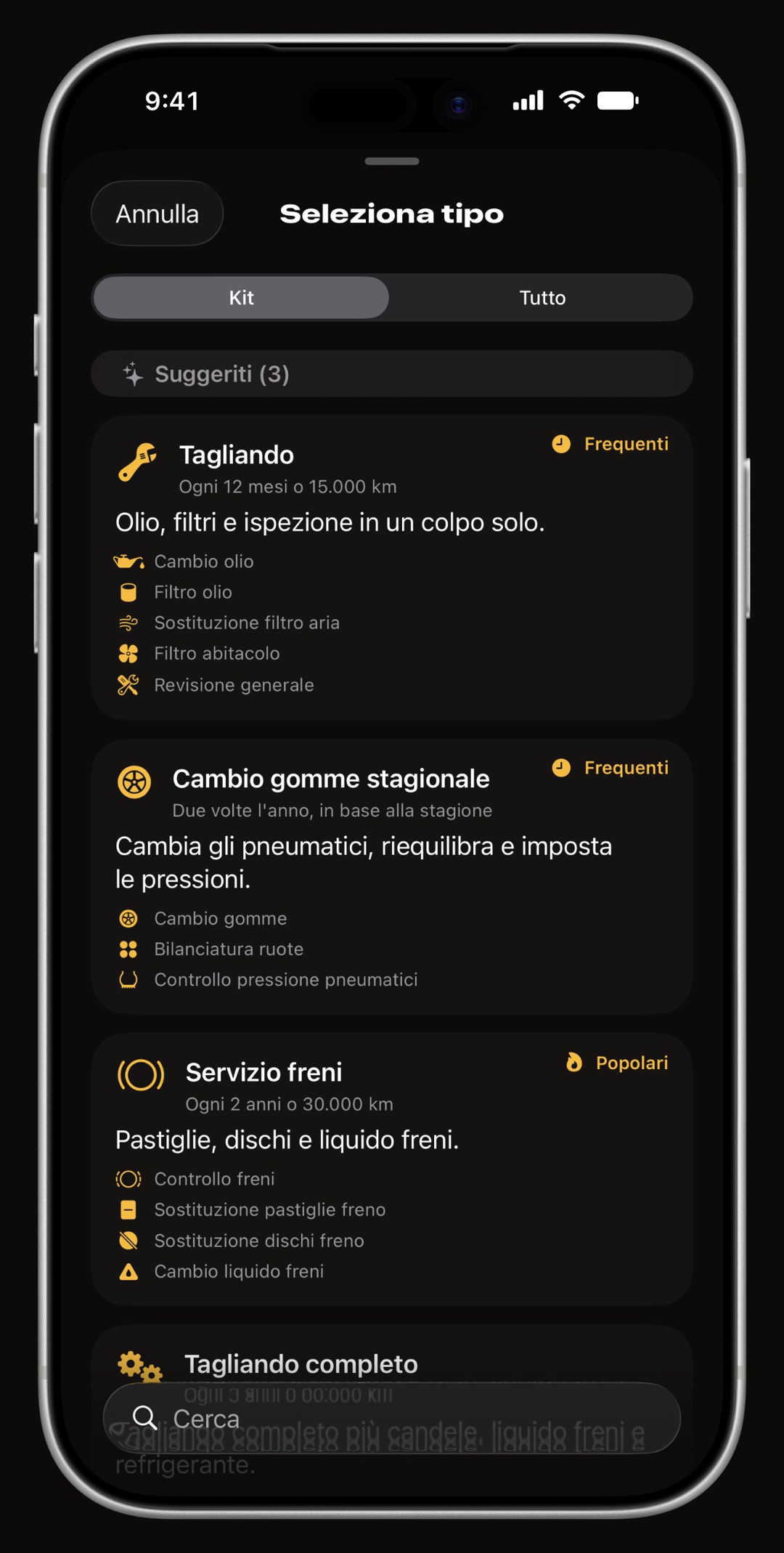 Elenco degli interventi di WrenchTime con 56 operazioni di manutenzione per auto e moto